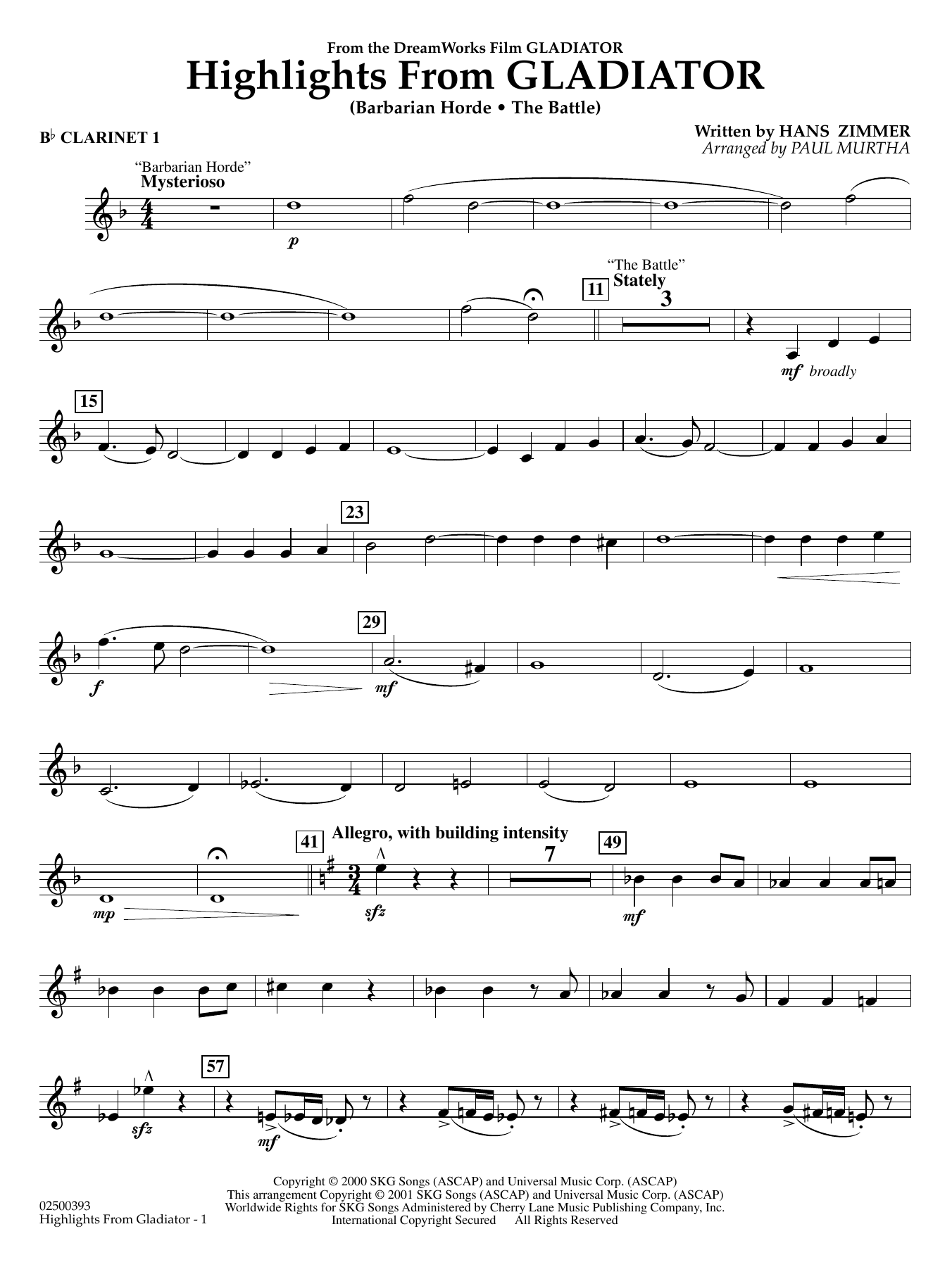 Highlights from Gladiator (arr. Paul Murtha) - Bb Clarinet 1