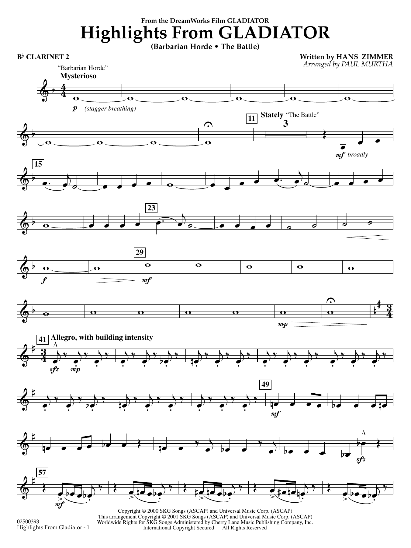 Highlights from Gladiator (arr. Paul Murtha) - Bb Clarinet 2