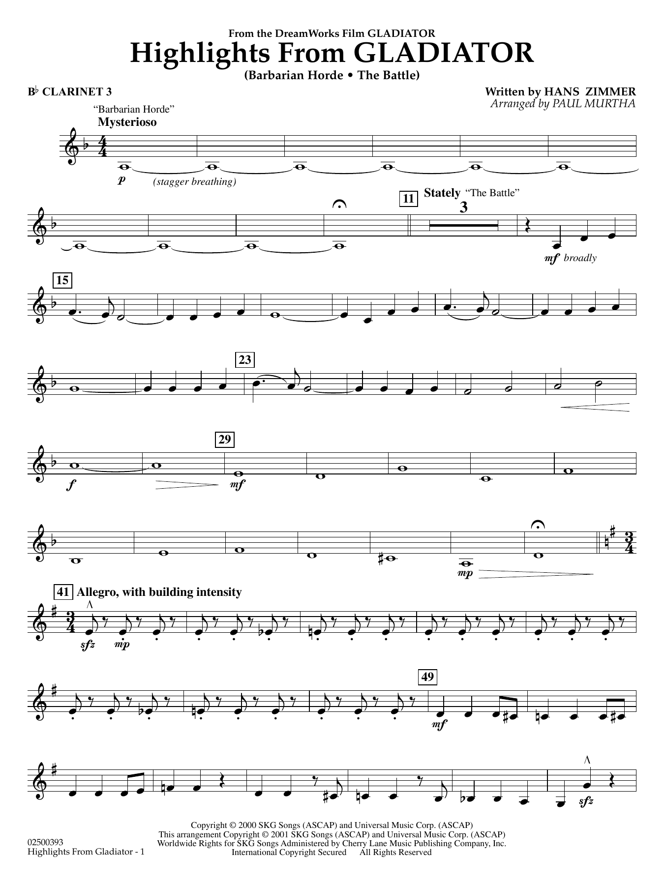 Highlights from Gladiator (arr. Paul Murtha) - Bb Clarinet 3
