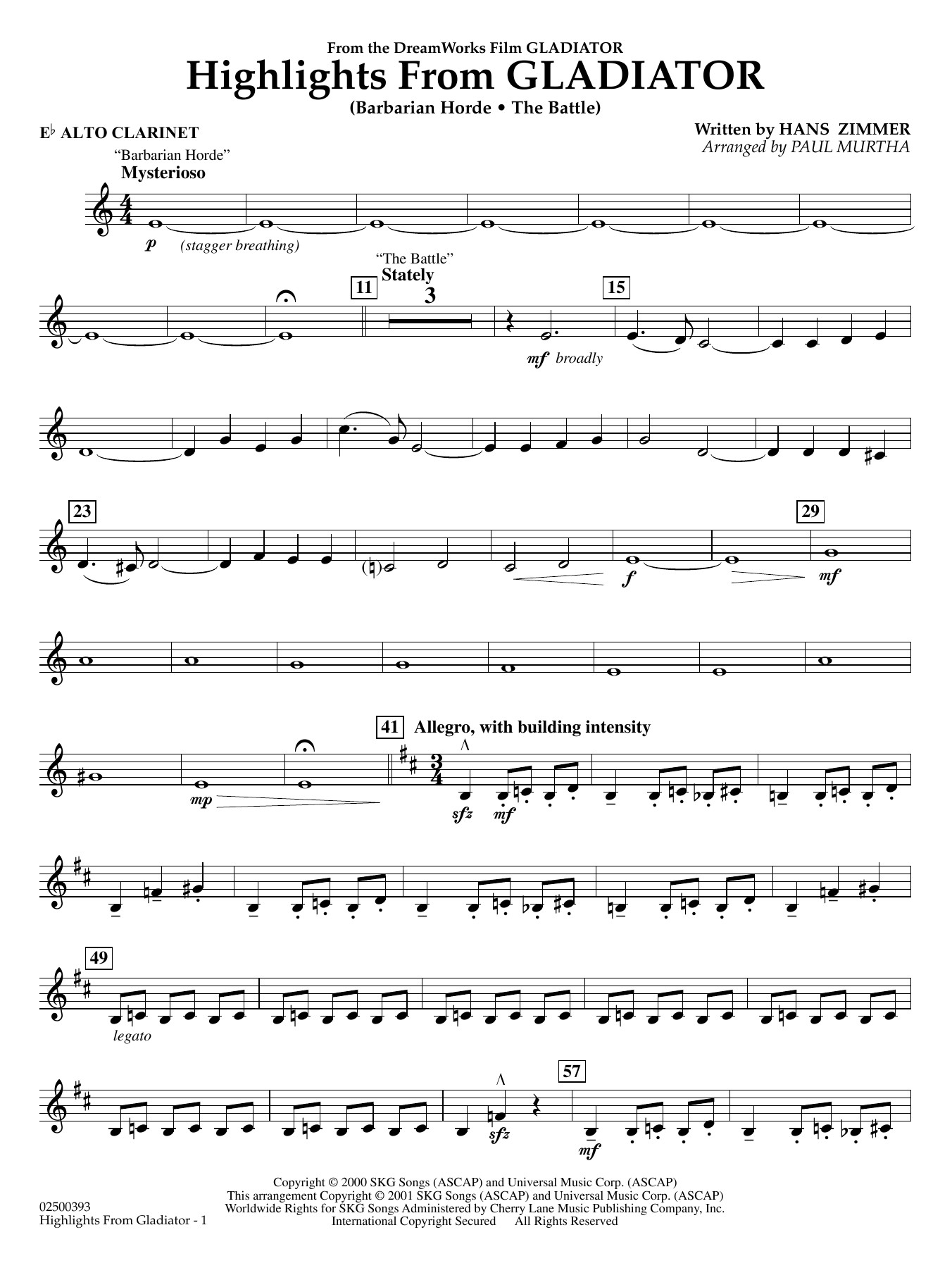 Highlights from Gladiator (arr. Paul Murtha) - Eb Alto Clarinet