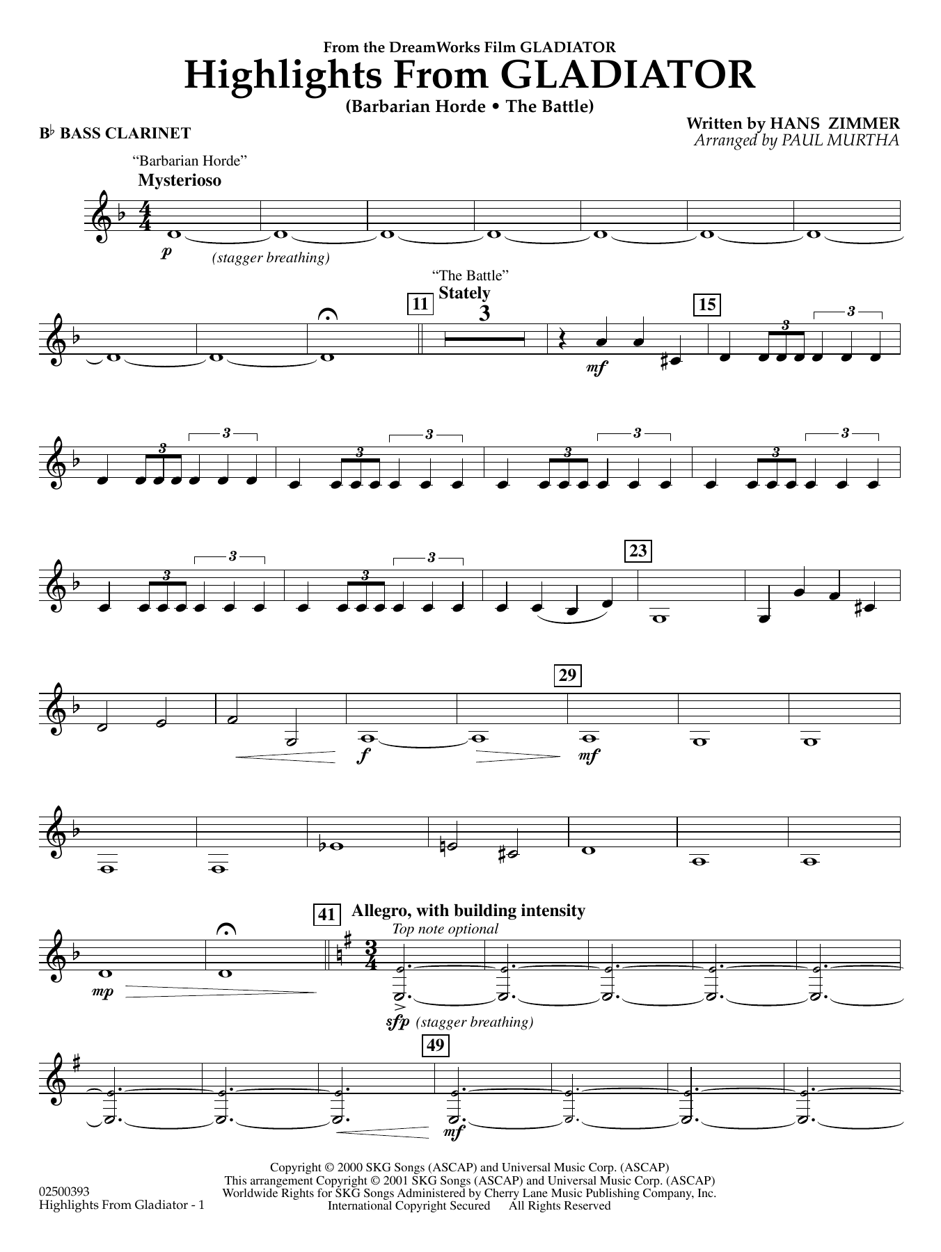 Highlights from Gladiator (arr. Paul Murtha) - Bb Bass Clarinet