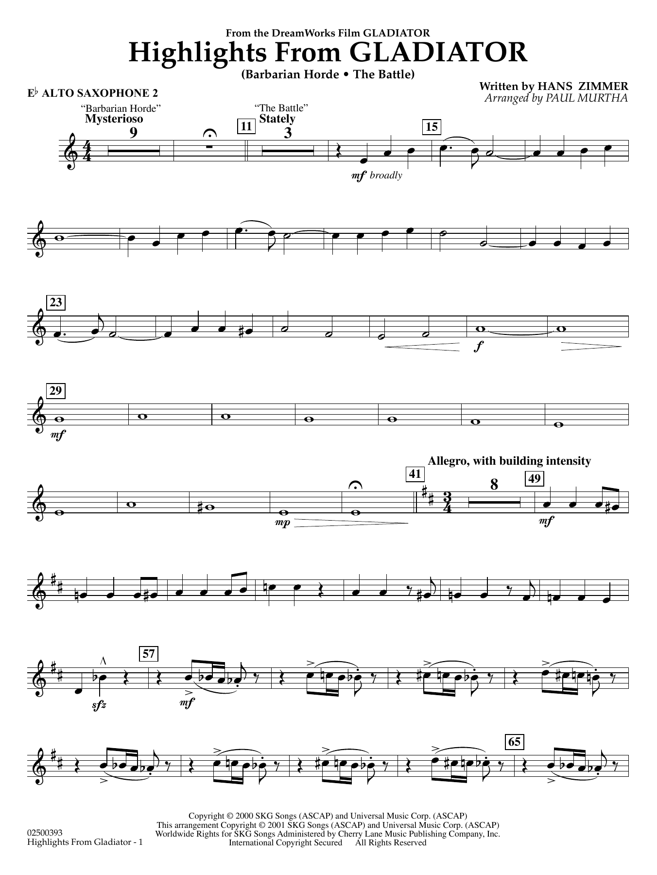Highlights from Gladiator (arr. Paul Murtha) - Eb Alto Saxophone 2
