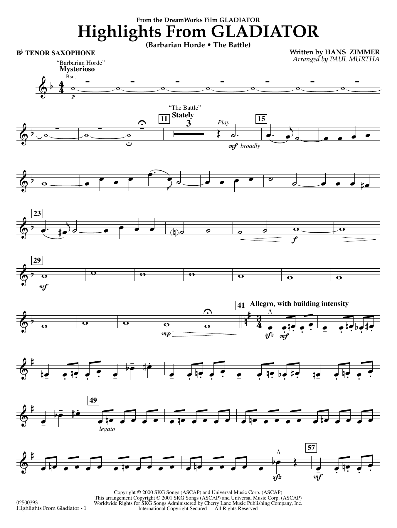 Highlights from Gladiator (arr. Paul Murtha) - Bb Tenor Saxophone