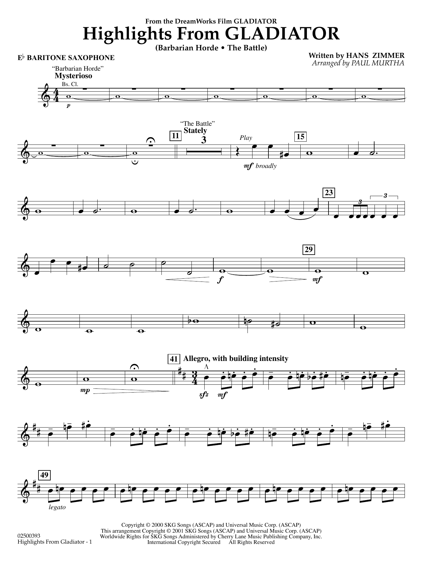 Highlights from Gladiator (arr. Paul Murtha) - Eb Baritone Saxophone