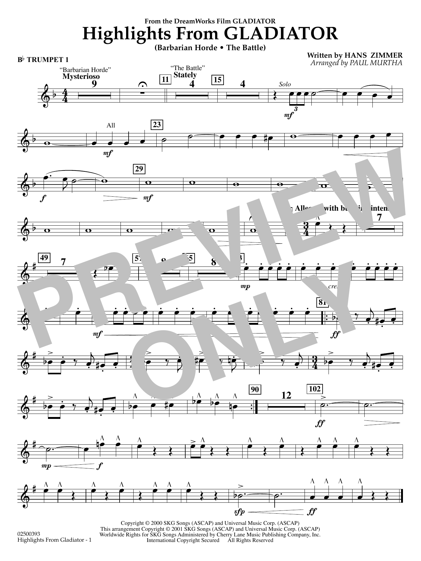 Highlights from Gladiator (arr. Paul Murtha) - Bb Trumpet 1