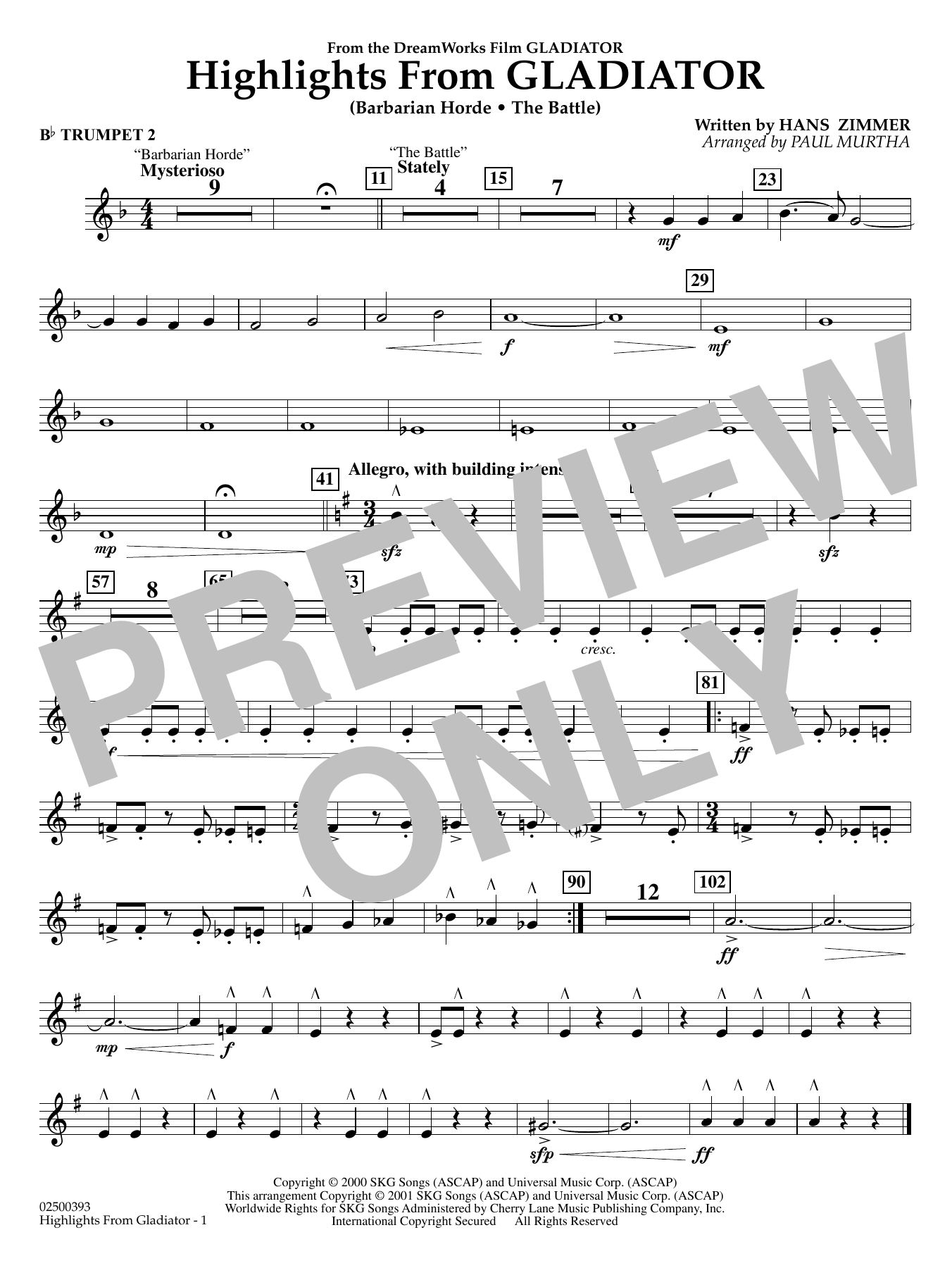 Highlights from Gladiator (arr. Paul Murtha) - Bb Trumpet 2