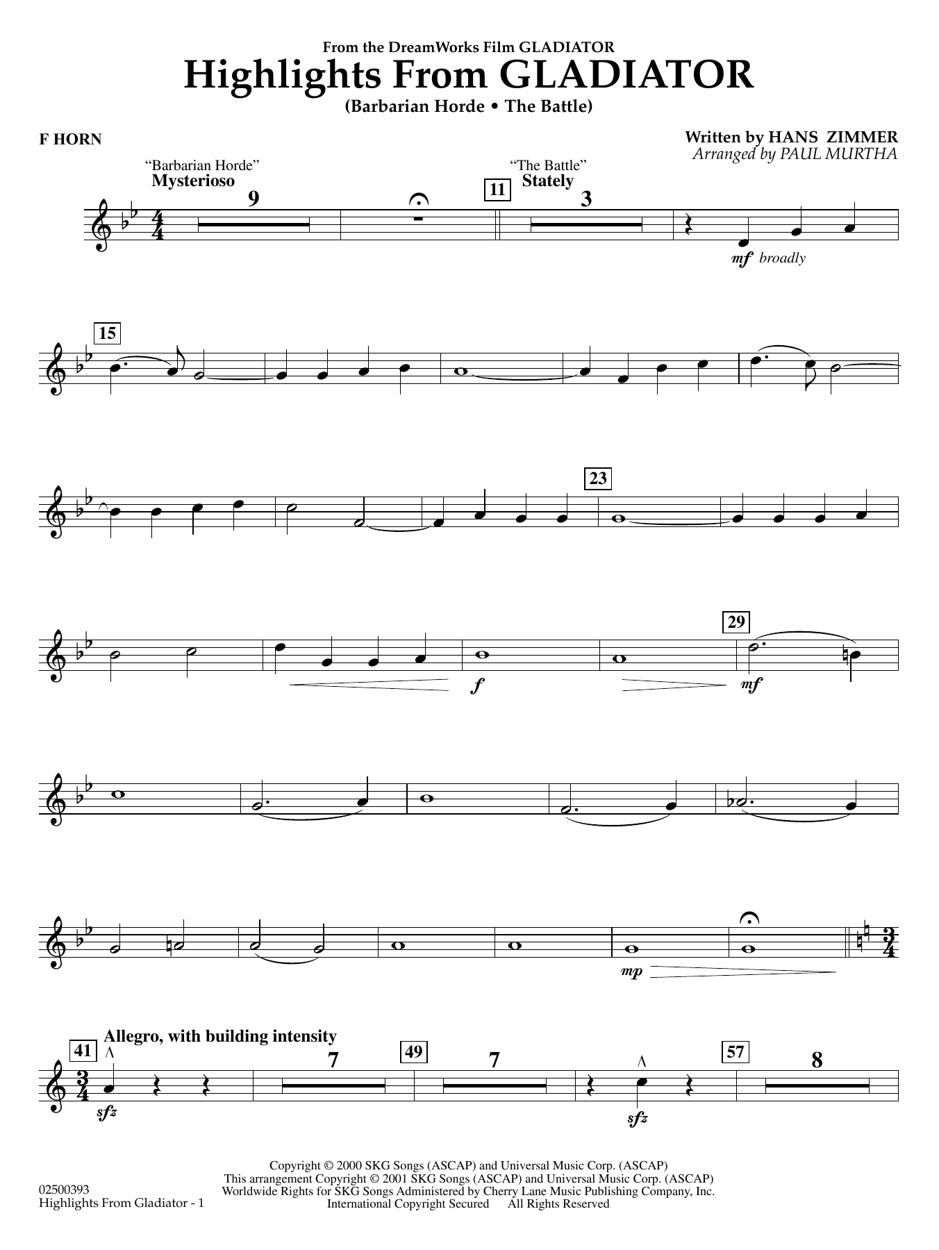 Highlights from Gladiator (arr. Paul Murtha) - F Horn