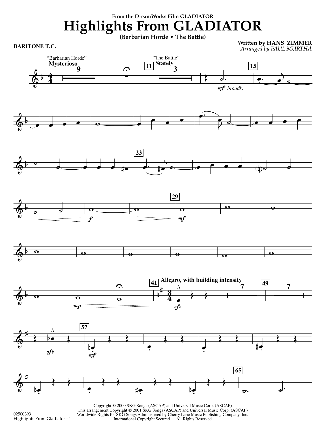 Highlights from Gladiator (arr. Paul Murtha) - Baritone T.C.