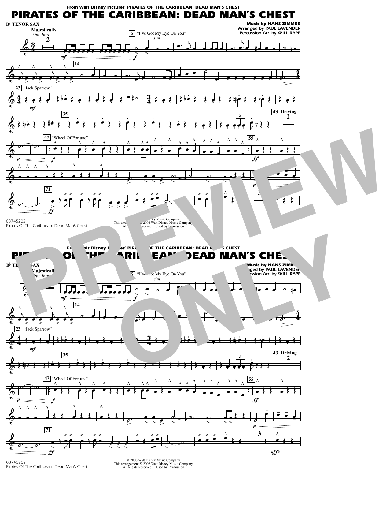 Pirates of the Caribbean: Dead Man's Chest (arr. Lavender & Rapp) - Bb Tenor Sax