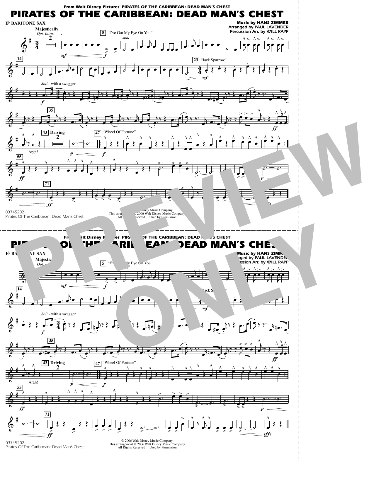 Pirates of the Caribbean: Dead Man's Chest (arr. Lavender & Rapp) - Eb Baritone Sax