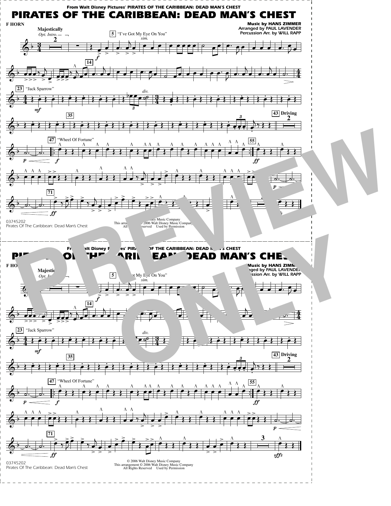 Pirates of the Caribbean: Dead Man's Chest (arr. Lavender & Rapp) - F Horn