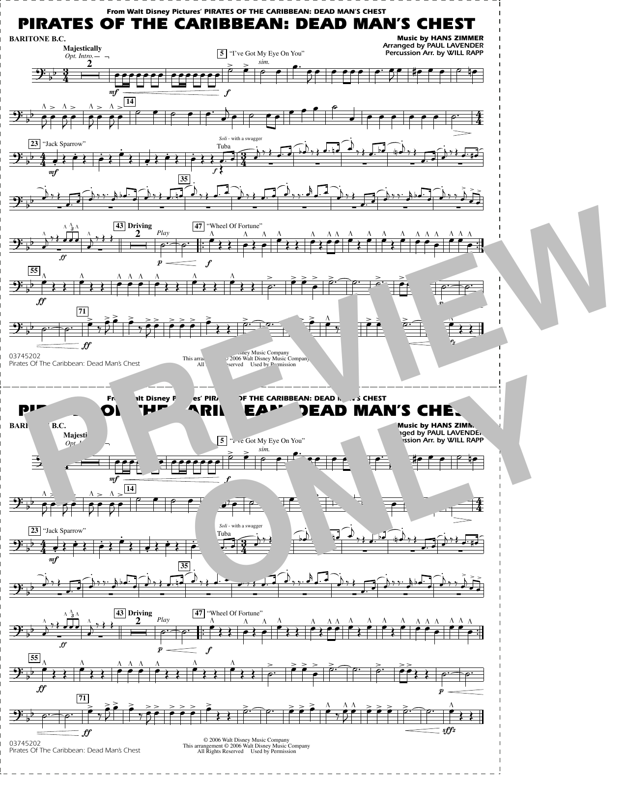 Pirates of the Caribbean: Dead Man's Chest (arr. Lavender & Rapp) - Baritone B.C. (Opt. Tbn. 2)