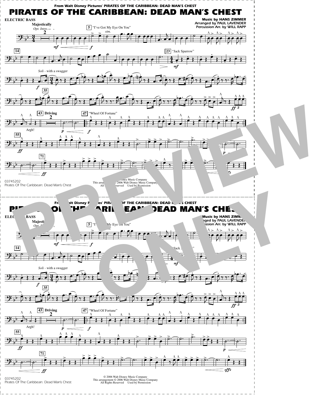 Pirates of the Caribbean: Dead Man's Chest (arr. Lavender & Rapp) - Electric Bass