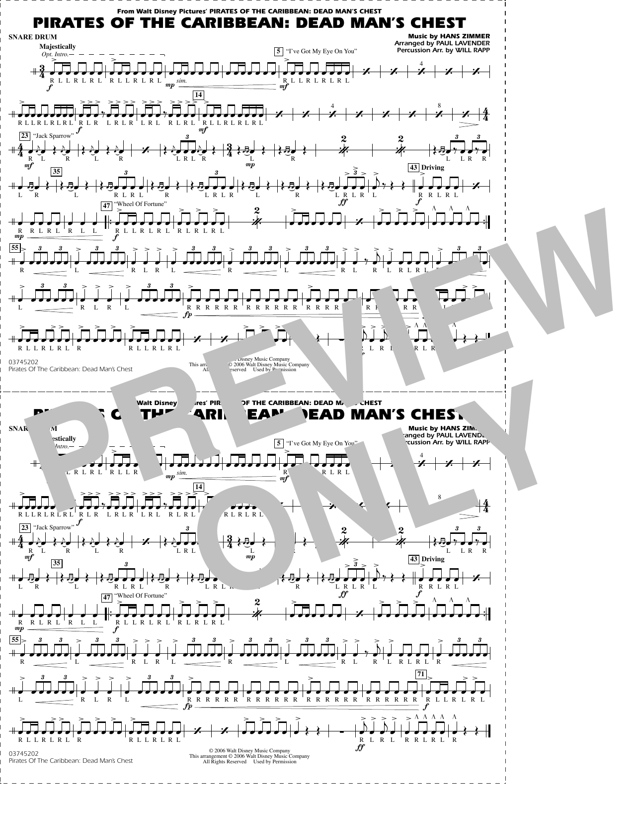 Pirates of the Caribbean: Dead Man's Chest (arr. Lavender & Rapp) - Snare Drum