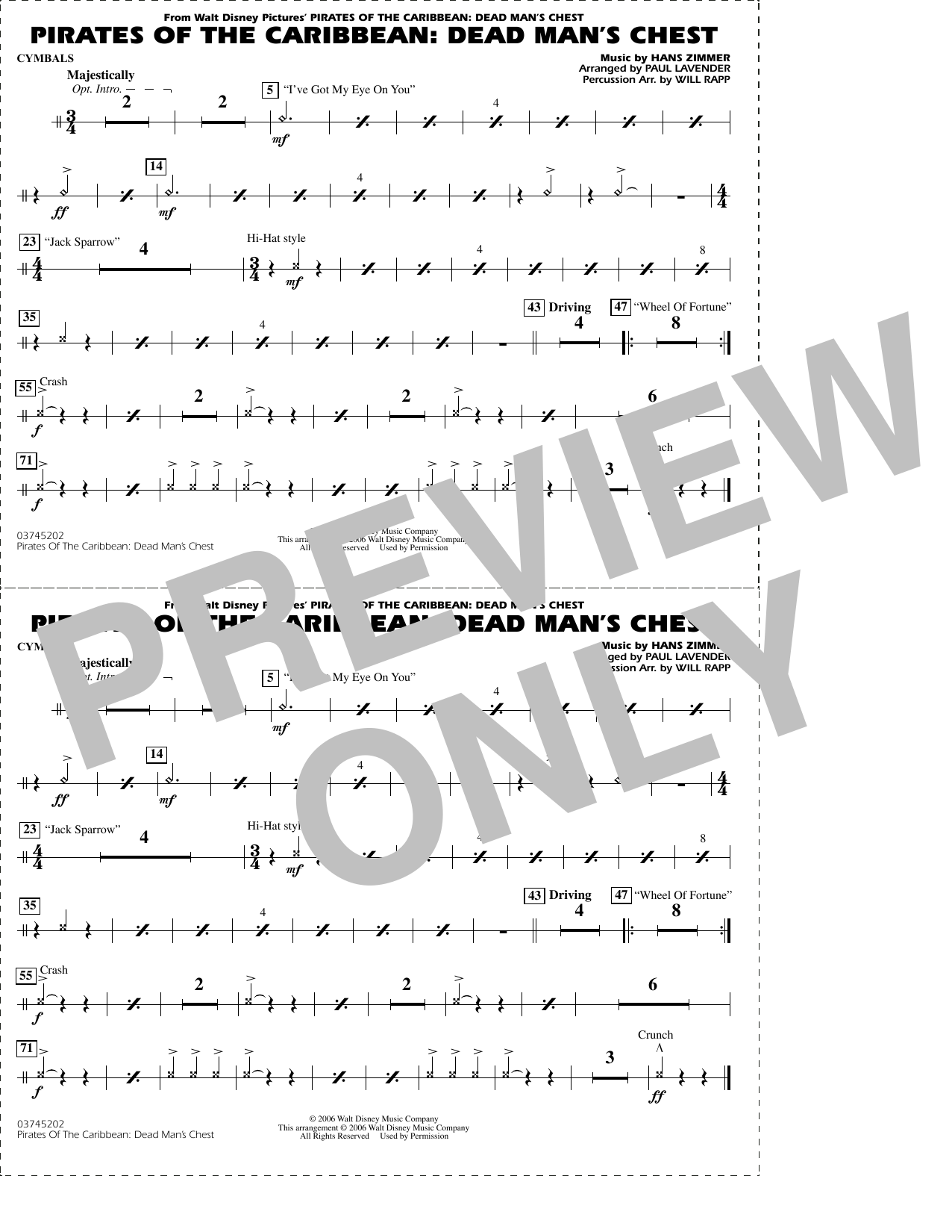 Pirates of the Caribbean: Dead Man's Chest (arr. Lavender & Rapp) - Cymbals