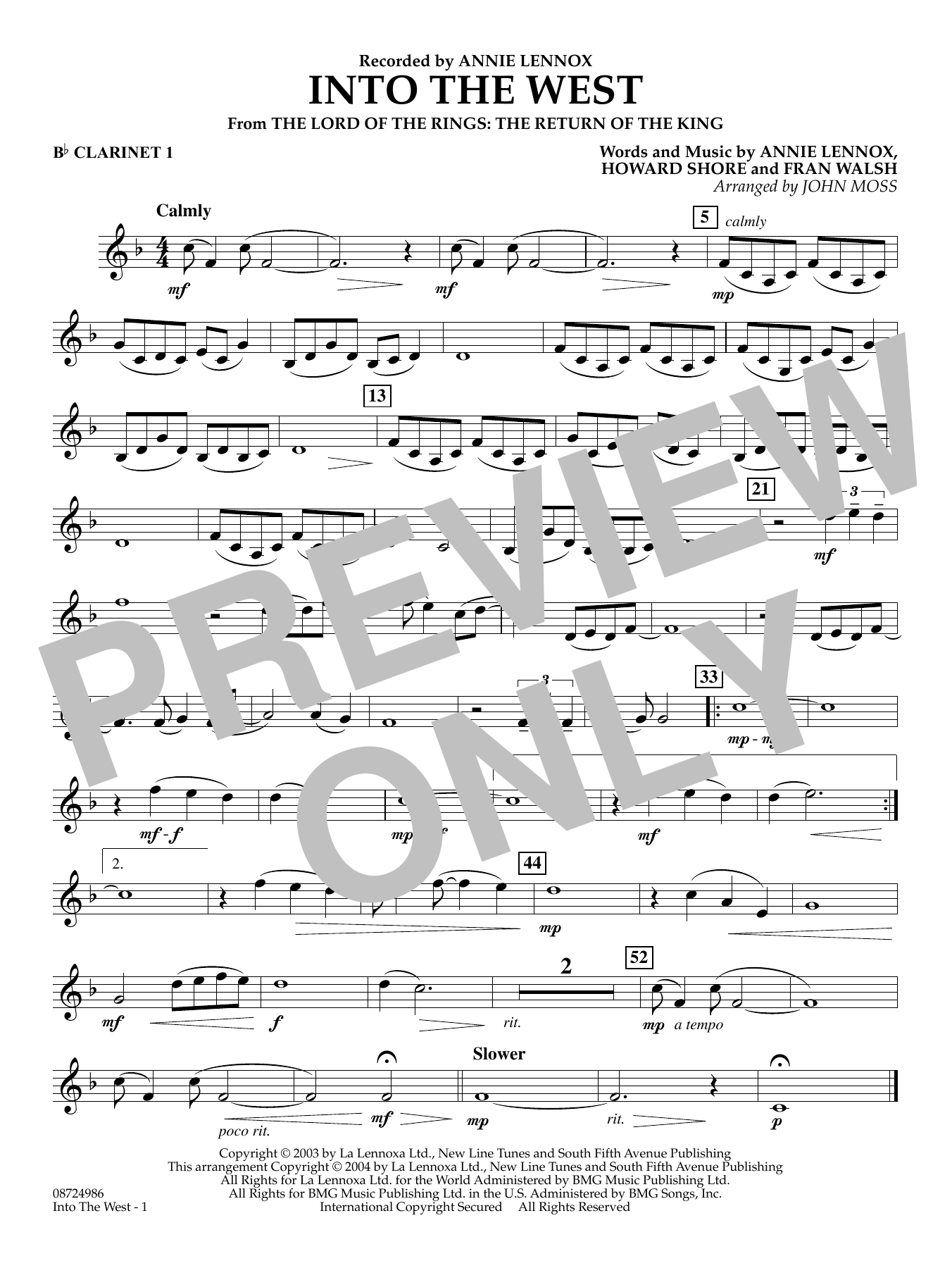 Into The West (from Lord of the Rings: The Return of the King) - Bb Clarinet 1