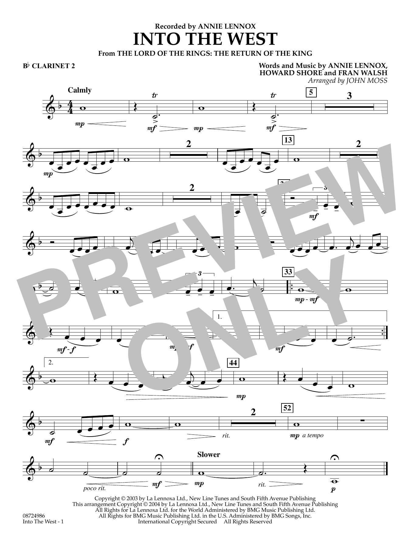 Into The West (from Lord of the Rings: The Return of the King) - Bb Clarinet 2