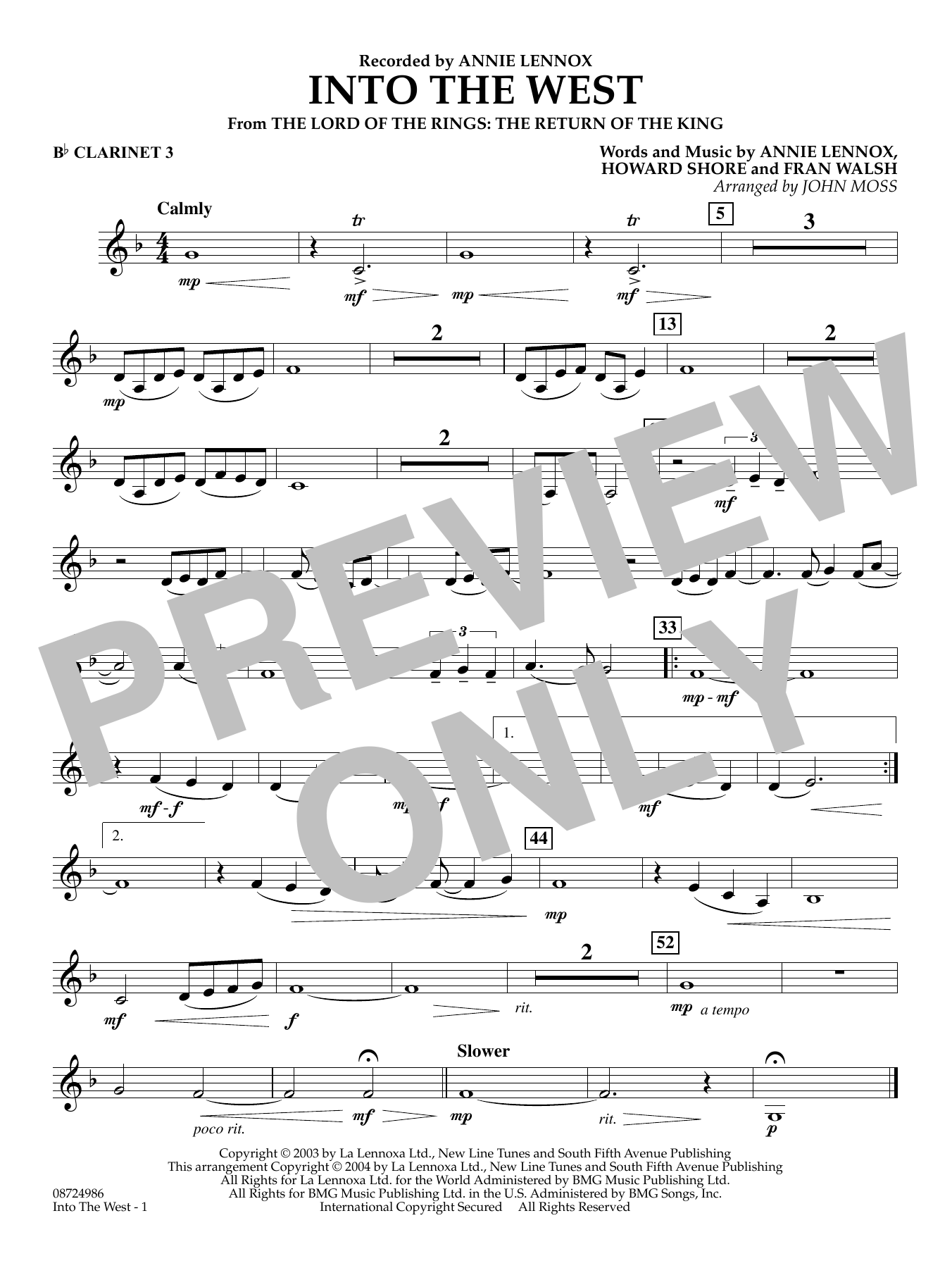 Into The West (from Lord of the Rings: The Return of the King) - Bb Clarinet 3