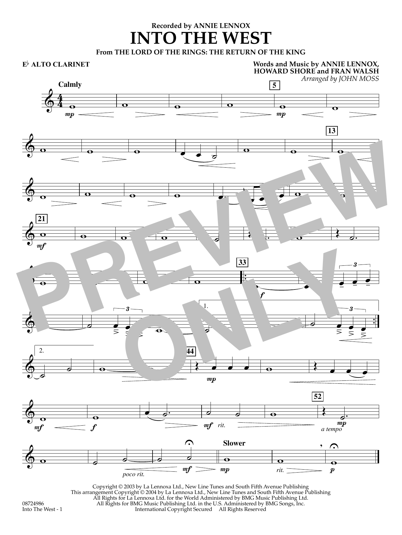 Into The West (from Lord of the Rings: The Return of the King) - Eb Alto Clarinet