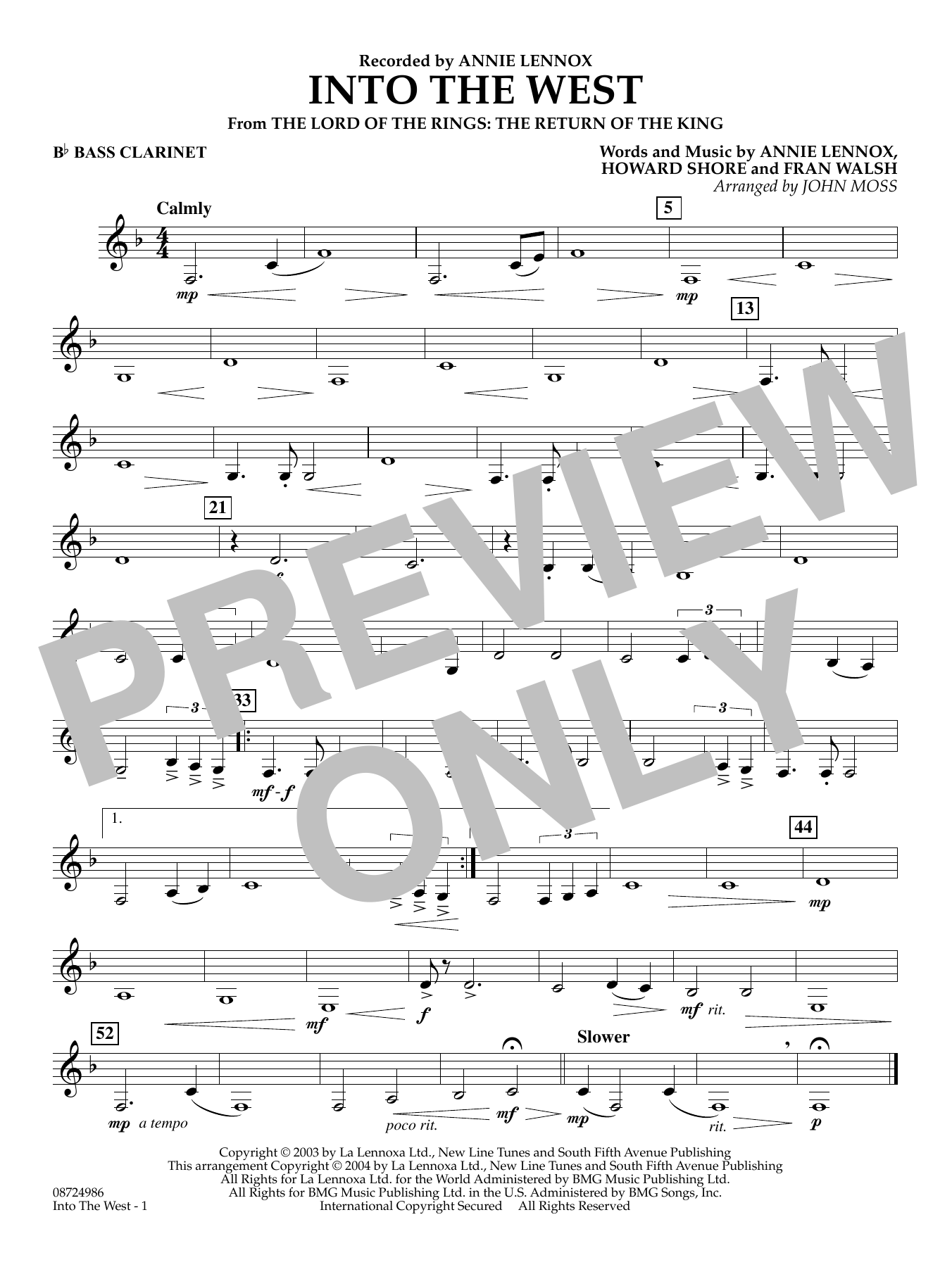 Into The West (from Lord of the Rings: The Return of the King) - Bb Bass Clarinet