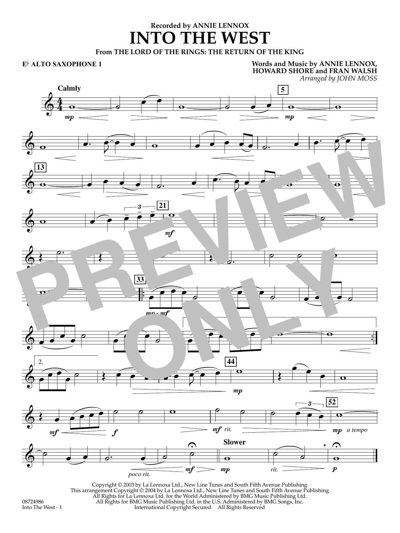 Into The West (from Lord of the Rings: The Return of the King) - Eb Alto Saxophone 1