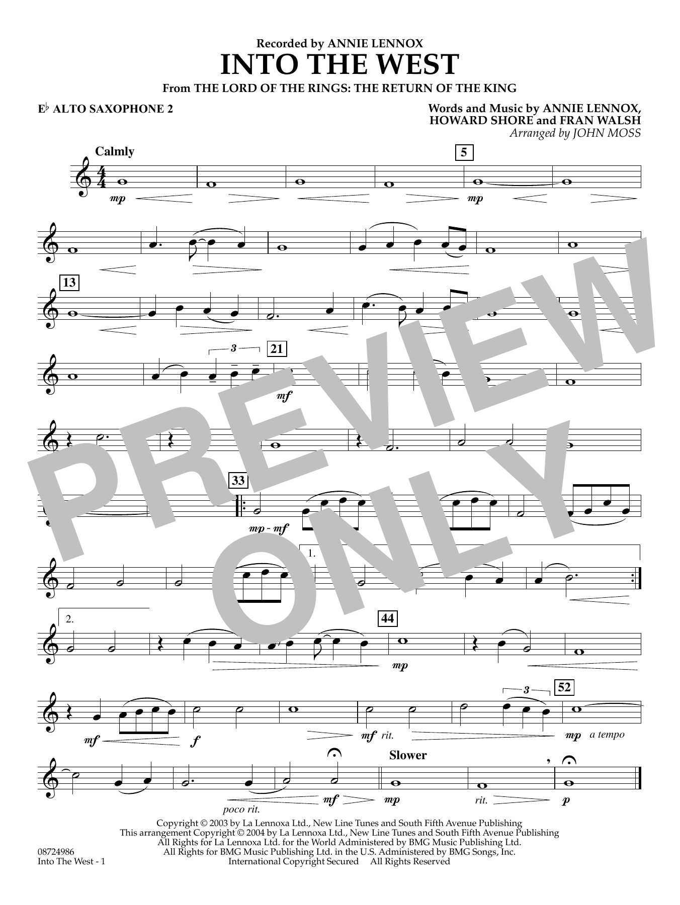 Into The West (from Lord of the Rings: The Return of the King) - Eb Alto Saxophone 2