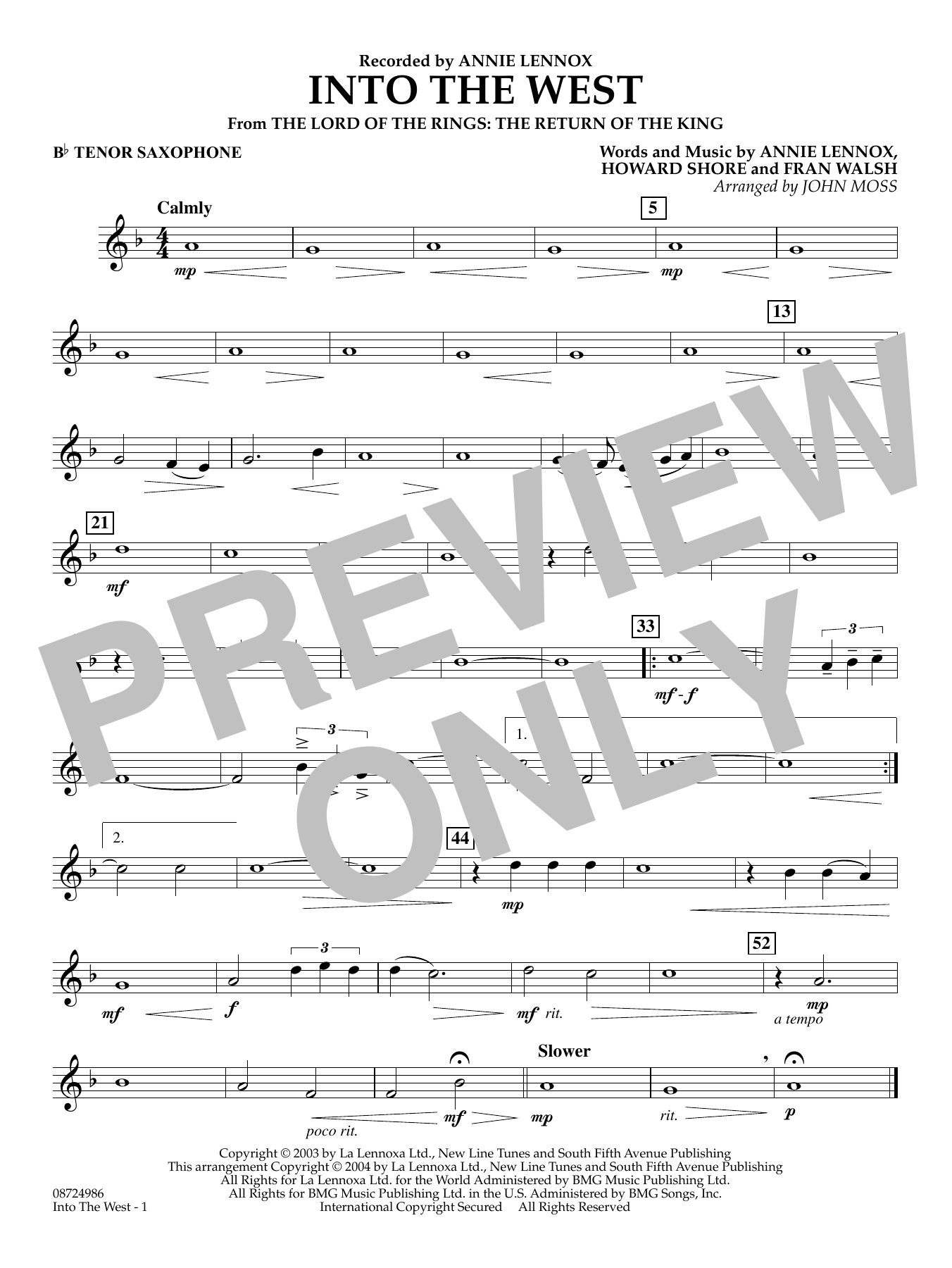 Into The West (from Lord of the Rings: The Return of the King) - Bb Tenor Saxophone