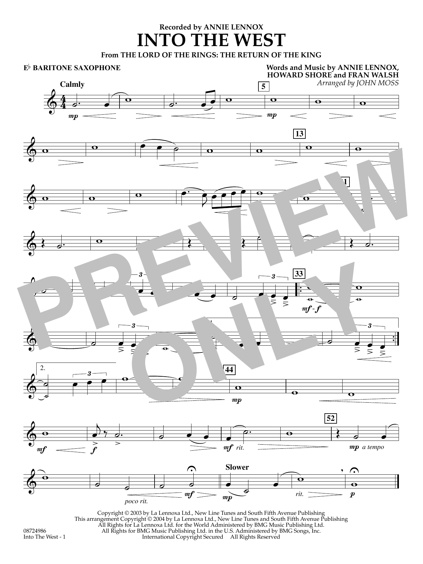 Into The West (from Lord of the Rings: The Return of the King) - Eb Baritone Saxophone