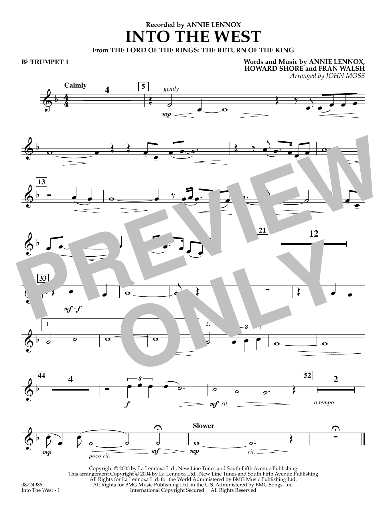 Into The West (from Lord of the Rings: The Return of the King) - Bb Trumpet 1