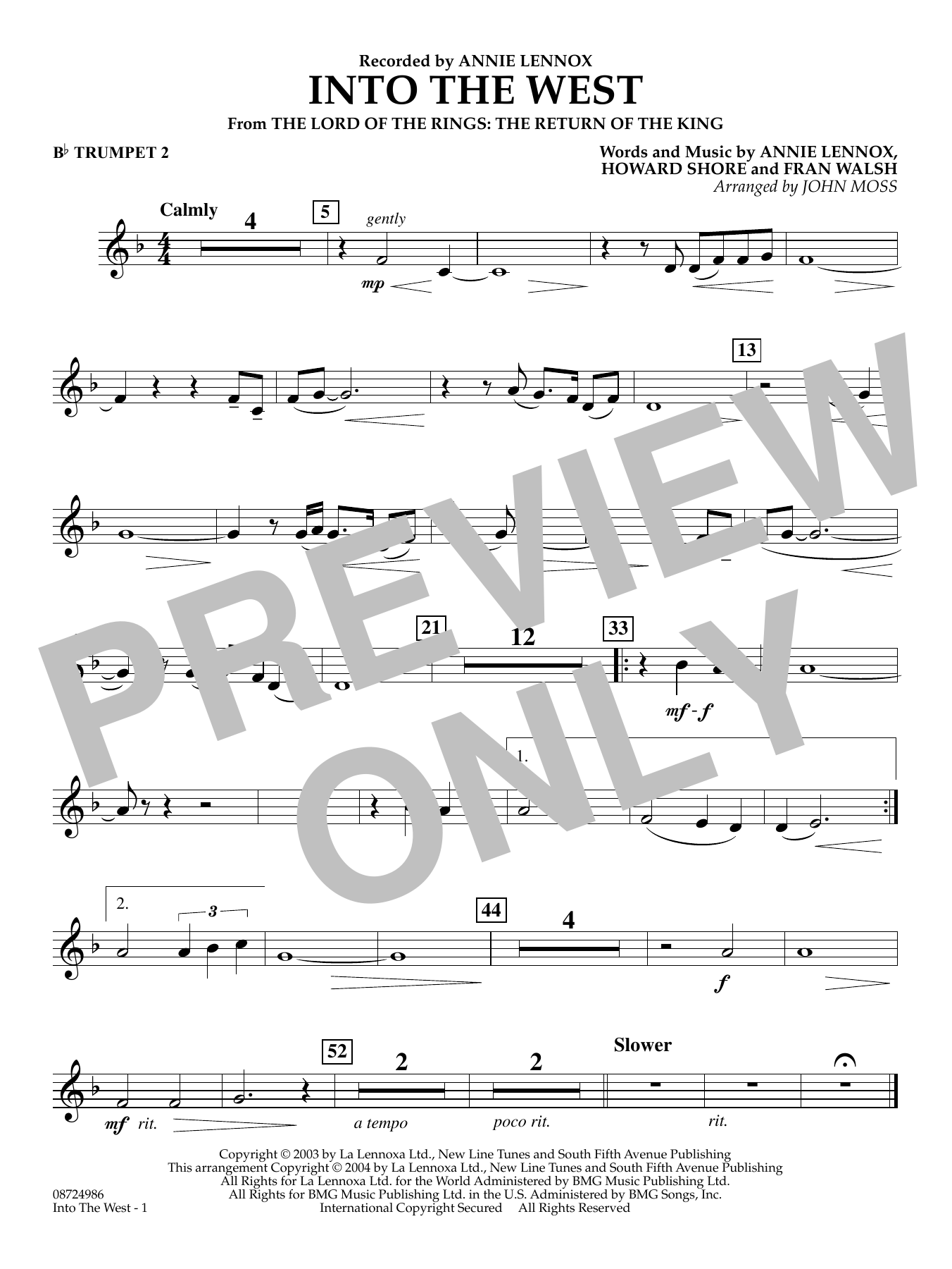 Into The West (from Lord of the Rings: The Return of the King) - Bb Trumpet 2