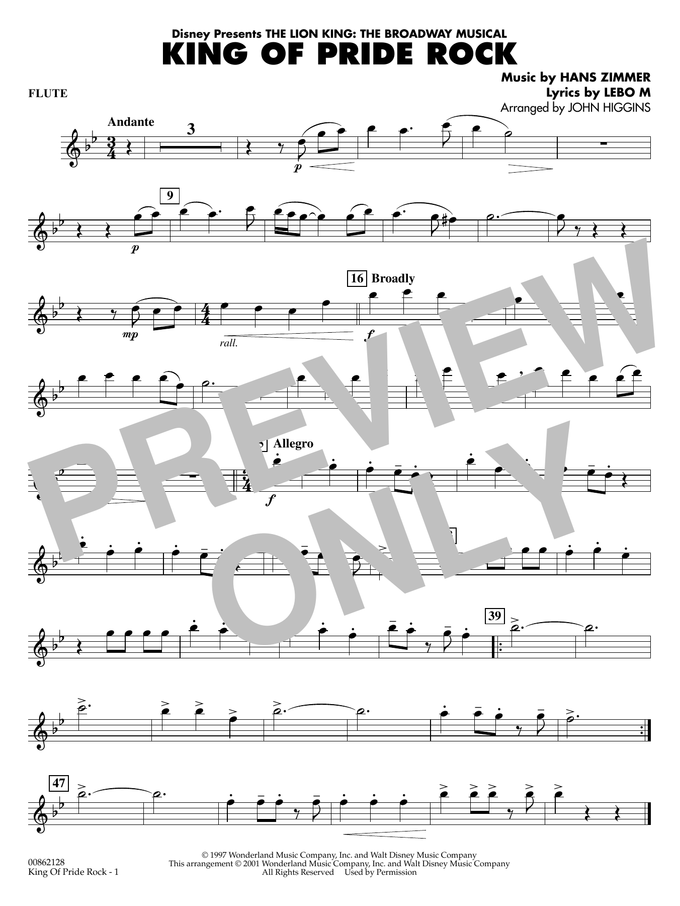 King of Pride Rock (from The Lion King) (arr. John Higgins) - Flute