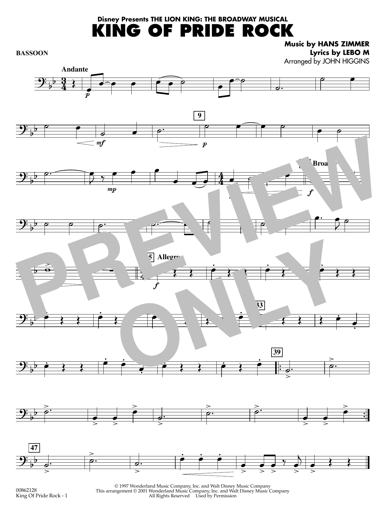 King of Pride Rock (from The Lion King) (arr. John Higgins) - Bassoon