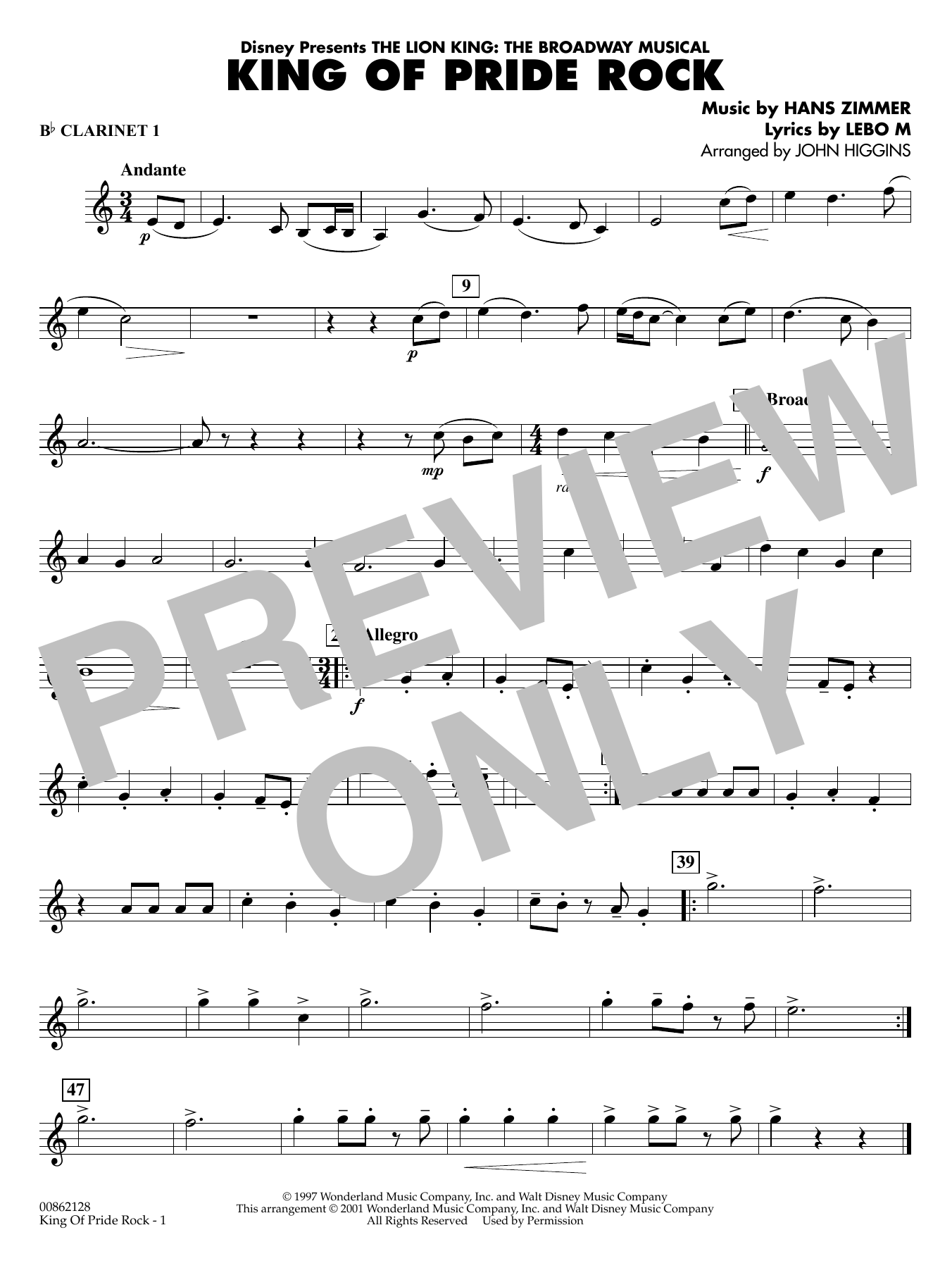 King of Pride Rock (from The Lion King) (arr. John Higgins) - Bb Clarinet 1