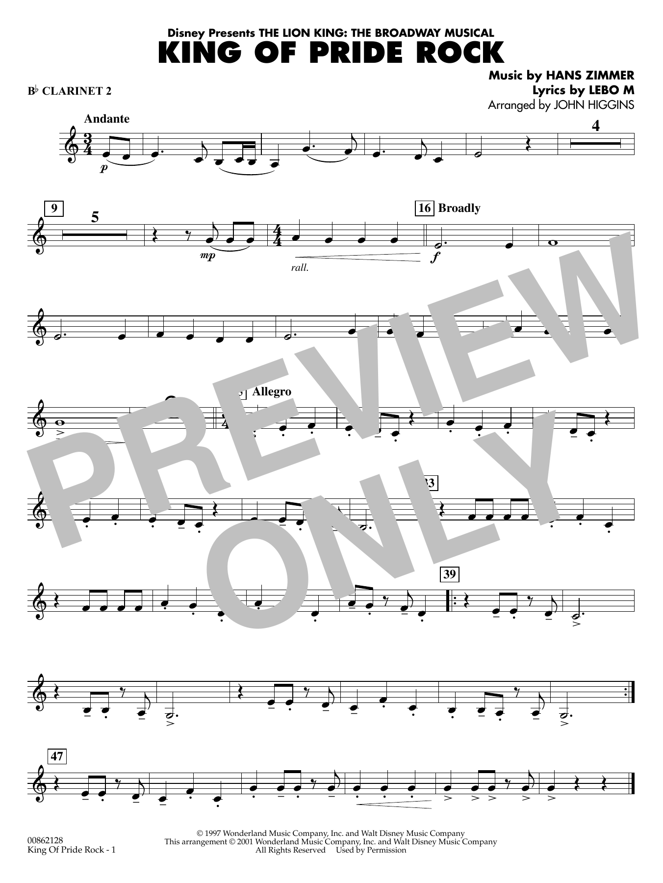 King of Pride Rock (from The Lion King) (arr. John Higgins) - Bb Clarinet 2