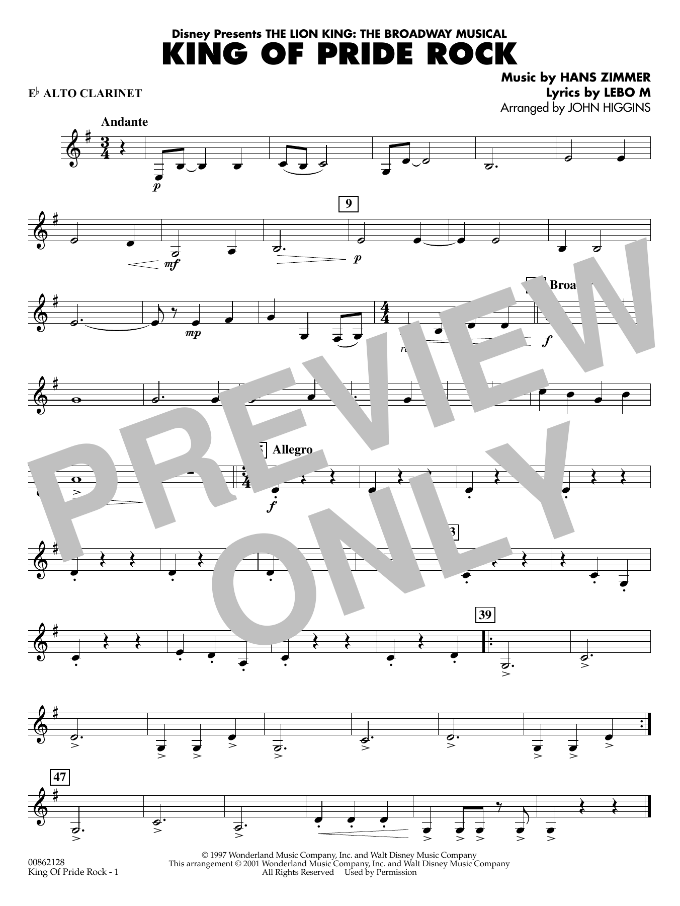 King of Pride Rock (from The Lion King) (arr. John Higgins) - Eb Alto Clarinet