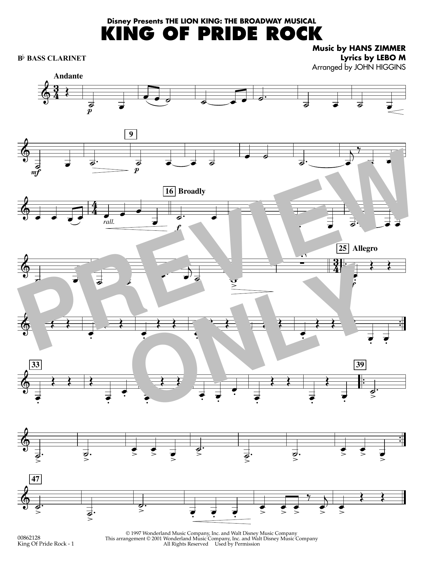 King of Pride Rock (from The Lion King) (arr. John Higgins) - Bb Bass Clarinet