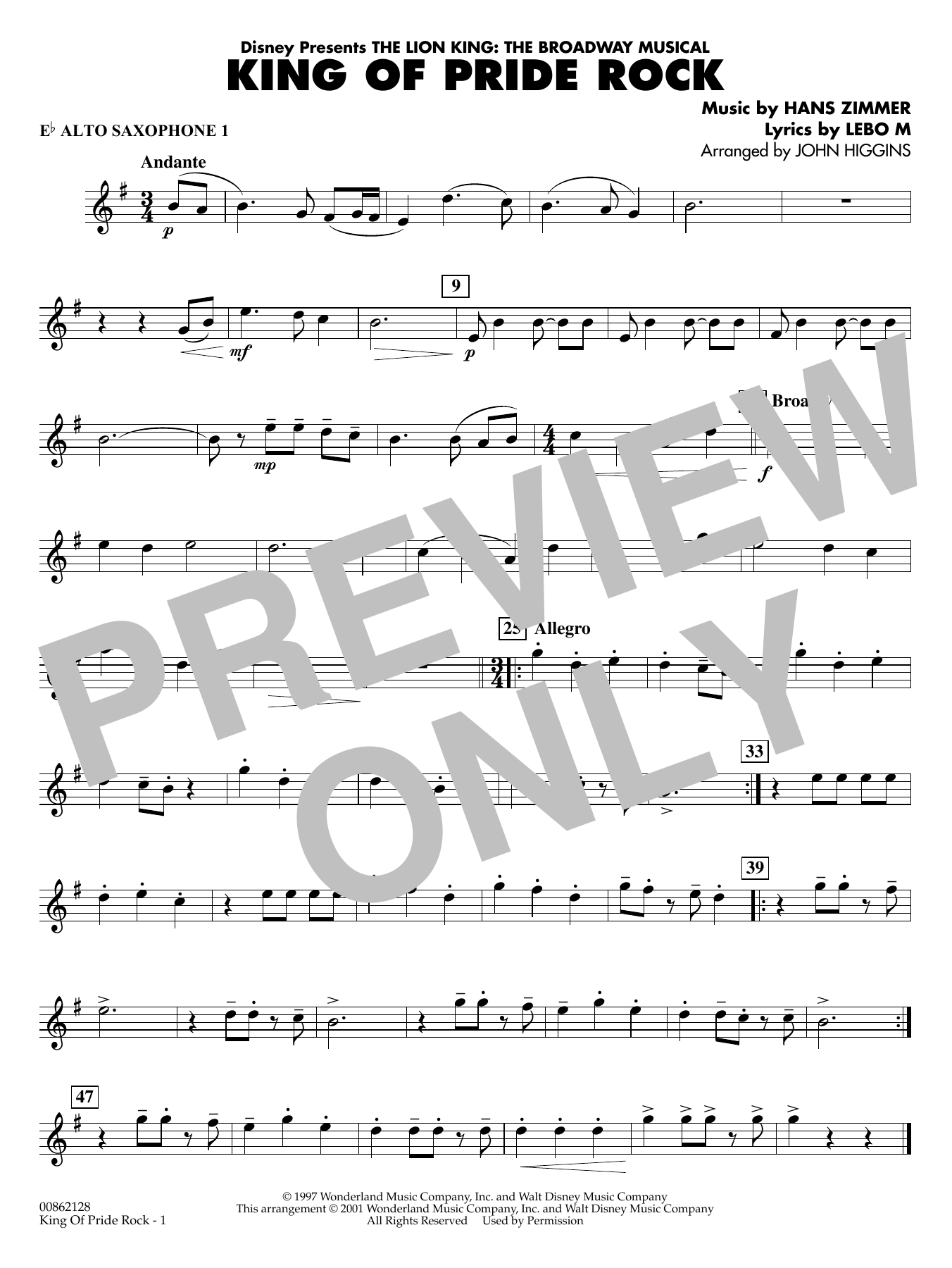 King of Pride Rock (from The Lion King) (arr. John Higgins) - Eb Alto Saxophone 1