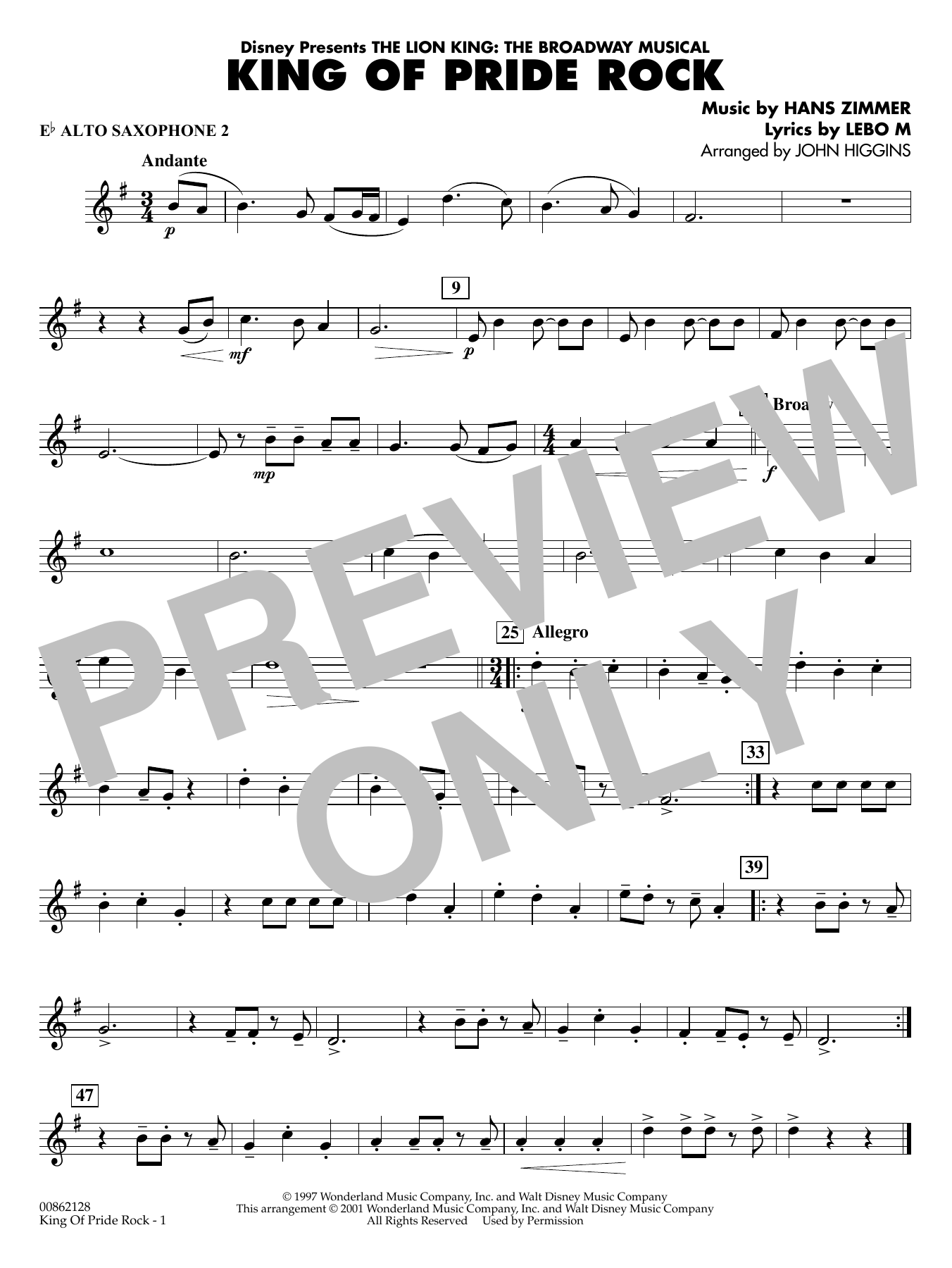 King of Pride Rock (from The Lion King) (arr. John Higgins) - Eb Alto Saxophone 2