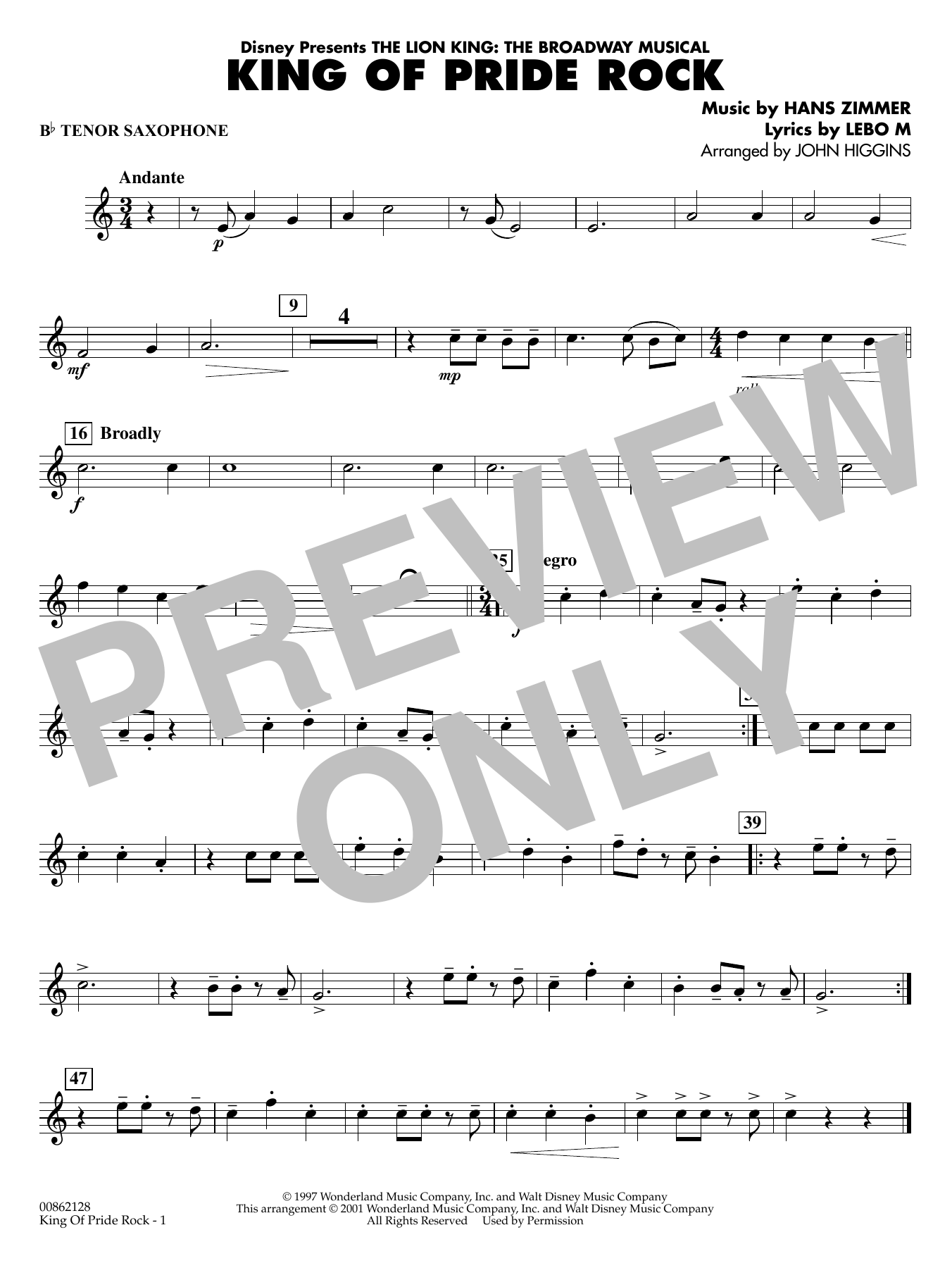 King of Pride Rock (from The Lion King) (arr. John Higgins) - Bb Tenor Saxophone