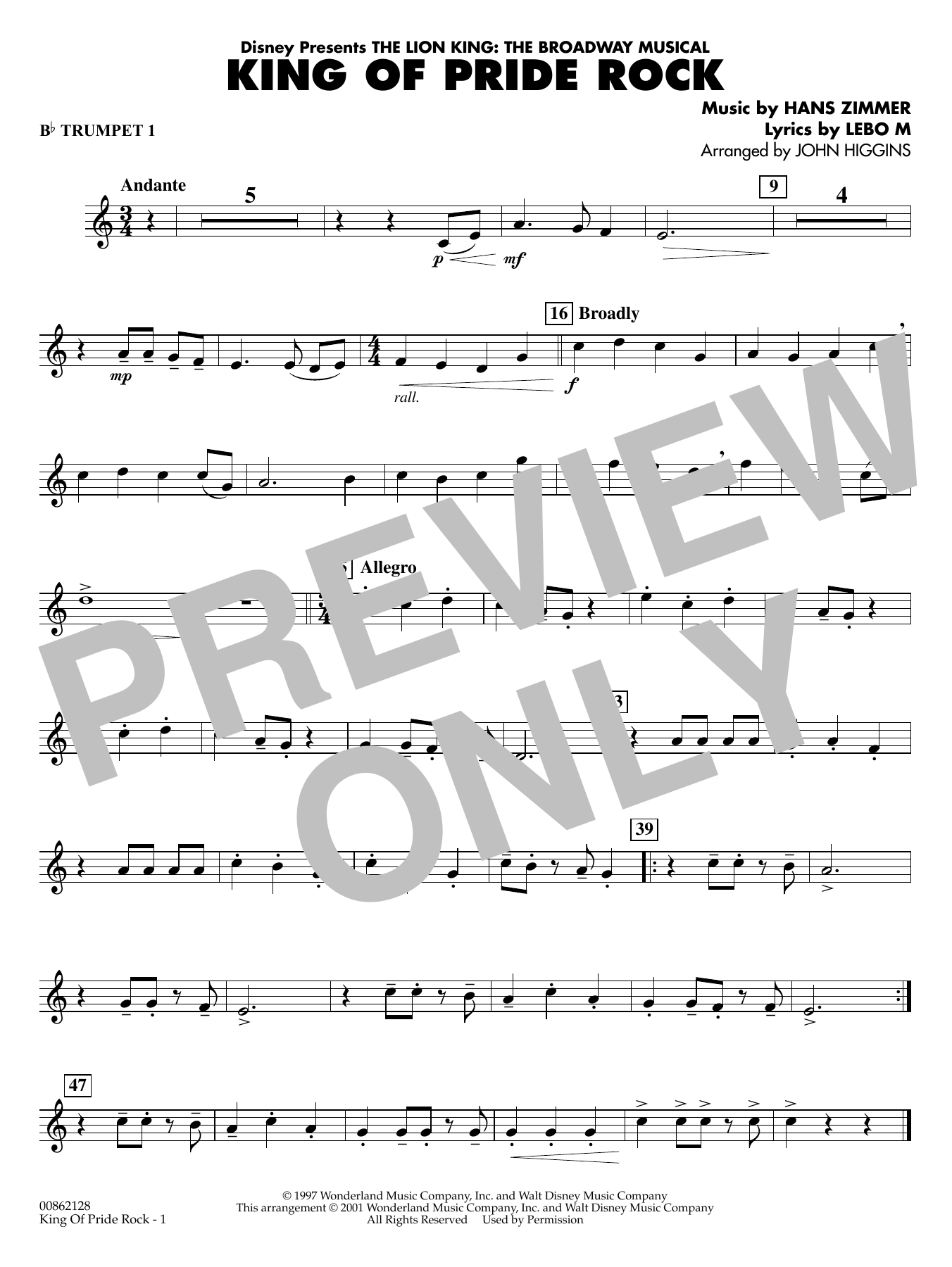 King of Pride Rock (from The Lion King) (arr. John Higgins) - Bb Trumpet 1