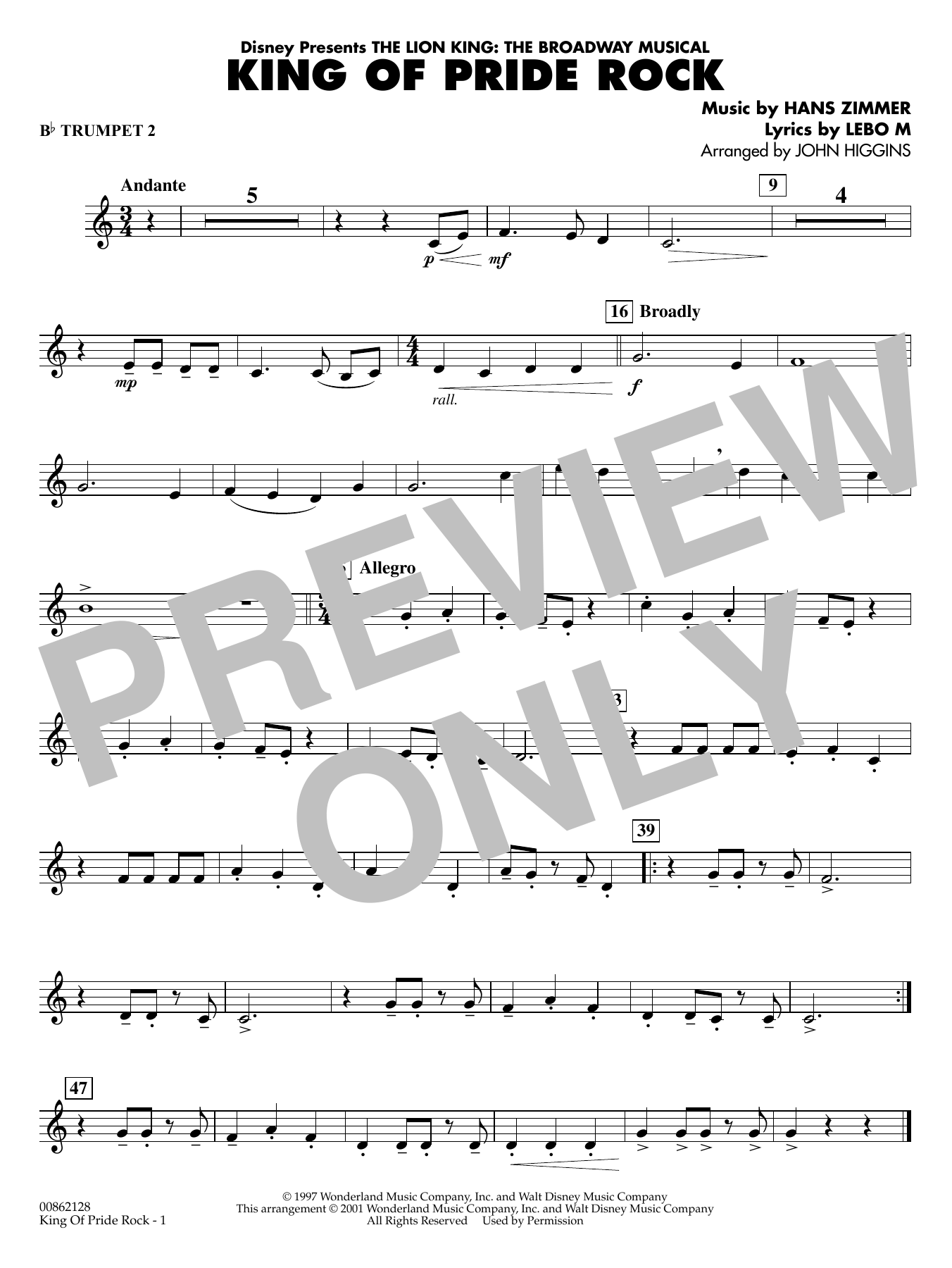 King of Pride Rock (from The Lion King) (arr. John Higgins) - Bb Trumpet 2