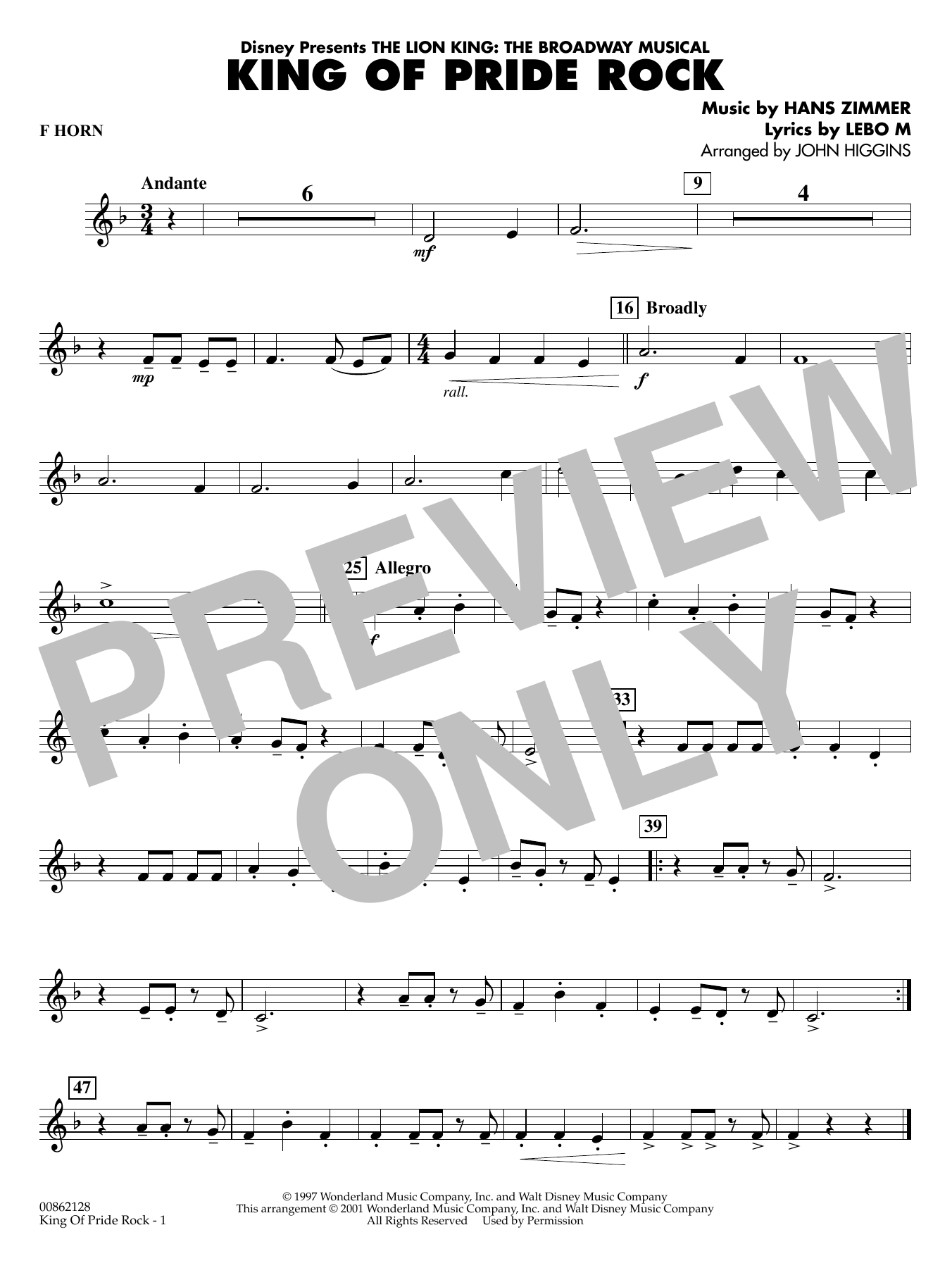 King of Pride Rock (from The Lion King) (arr. John Higgins) - F Horn