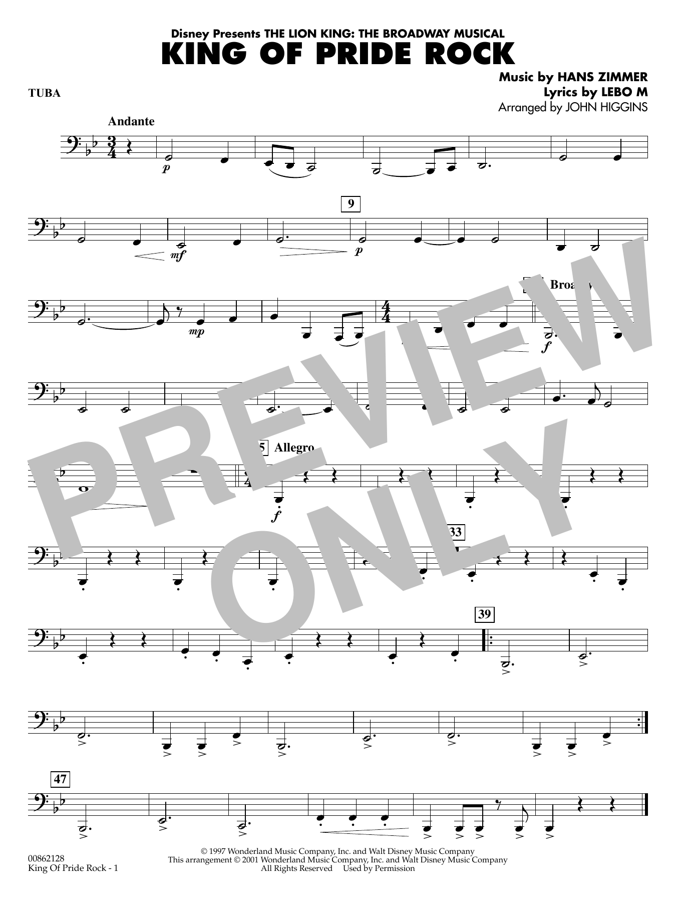 King of Pride Rock (from The Lion King) (arr. John Higgins) - Tuba