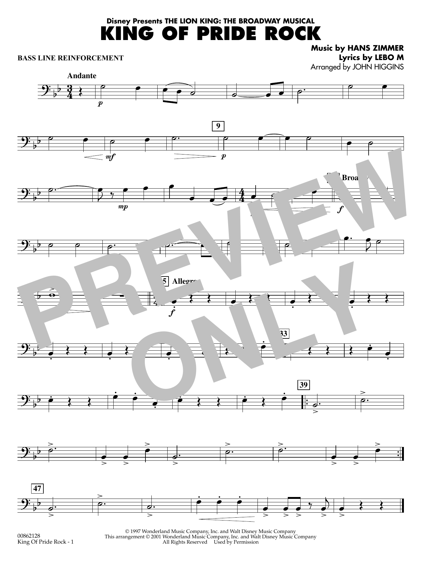 King of Pride Rock (from The Lion King) (arr. John Higgins) - Bass Line Reinforcement