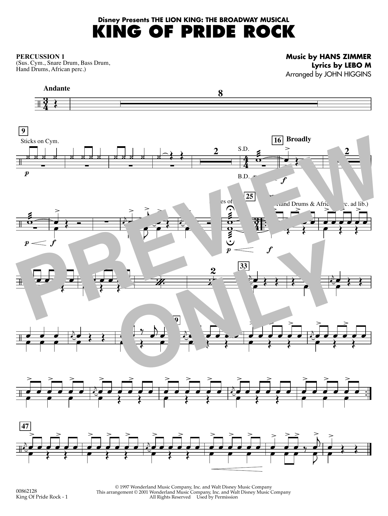 King of Pride Rock (from The Lion King) (arr. John Higgins) - Percussion 1
