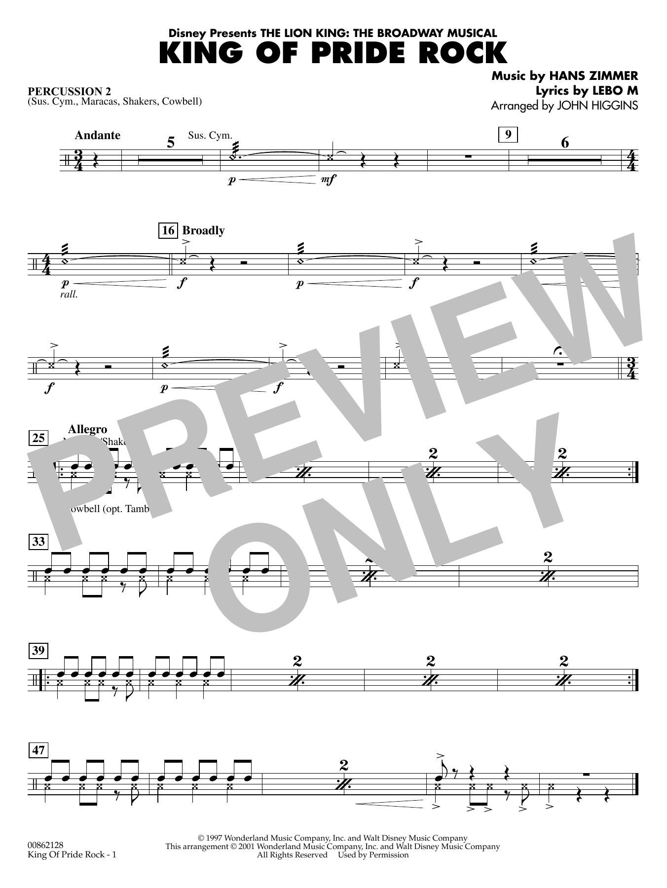 King of Pride Rock (from The Lion King) (arr. John Higgins) - Percussion 2