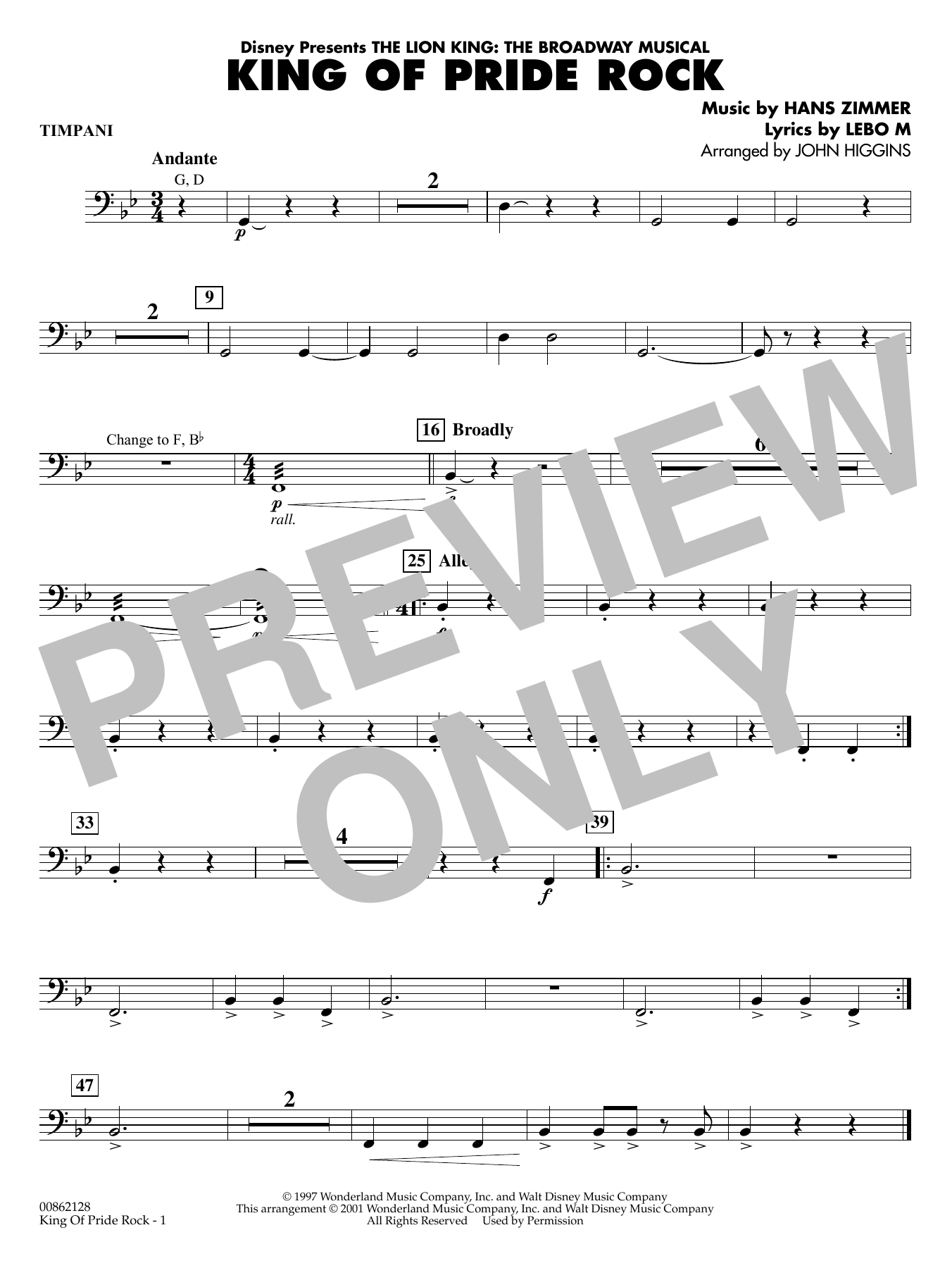 King of Pride Rock (from The Lion King) (arr. John Higgins) - Timpani