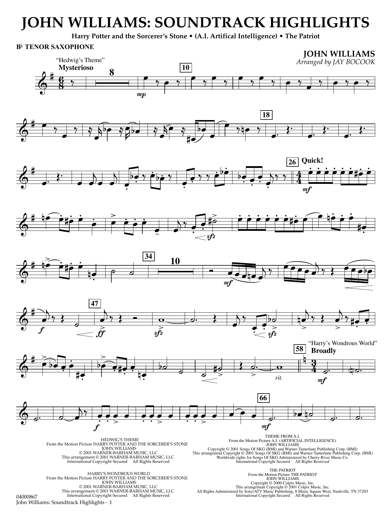 John Williams: Soundtrack Highlights (arr. Jay Bocook) - Bb Tenor Saxophone