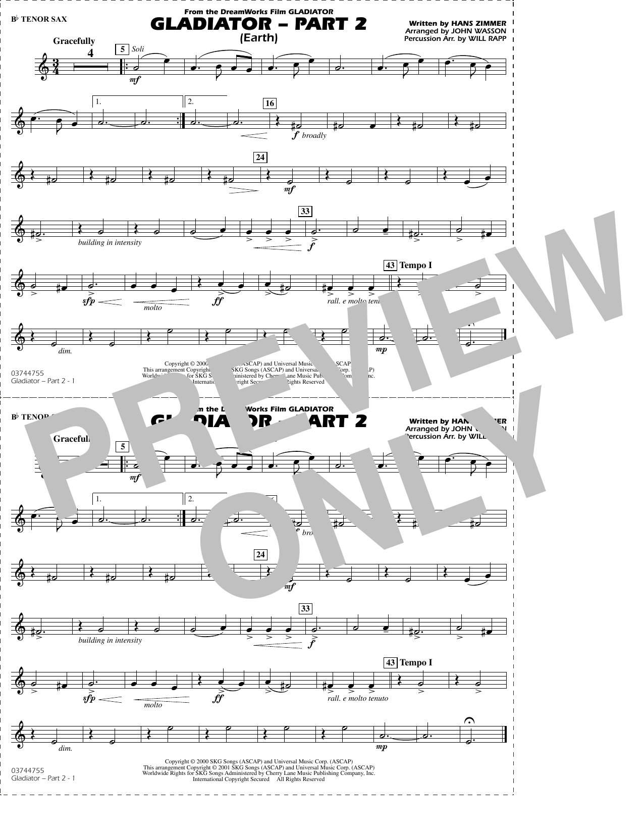 Gladiator Part 2 (arr. Rapp & Wasson) - Bb Tenor Sax