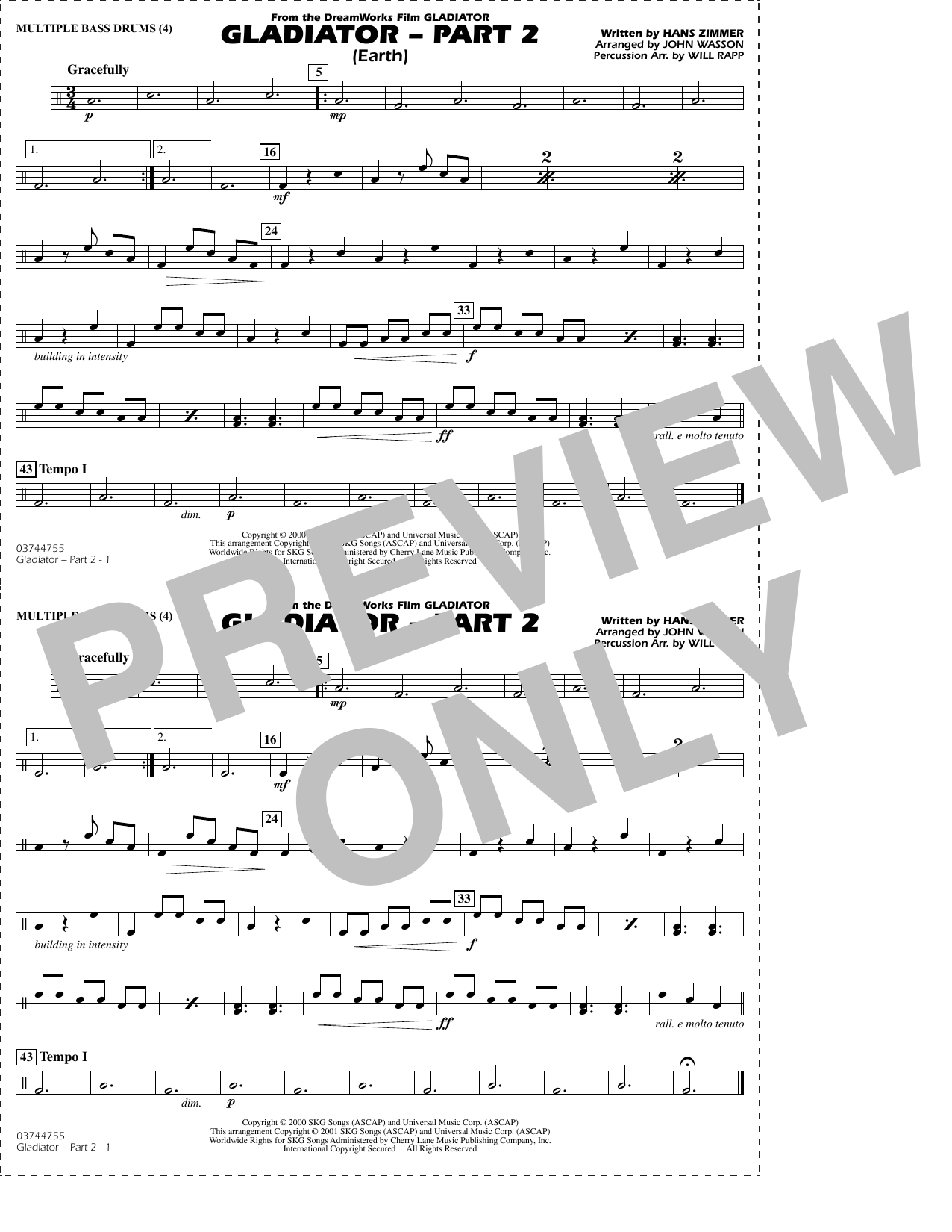 Gladiator Part 2 (arr. Rapp & Wasson) - Multiple Bass Drums